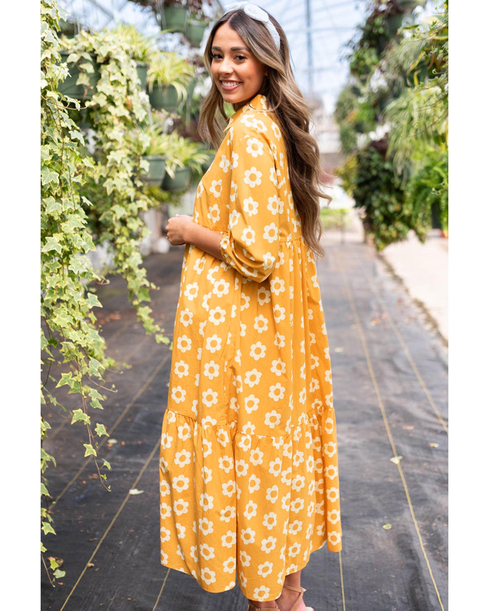 Yellow Flower Print Bracelet Sleeve Buttons Collared Maxi Dress - M 3
