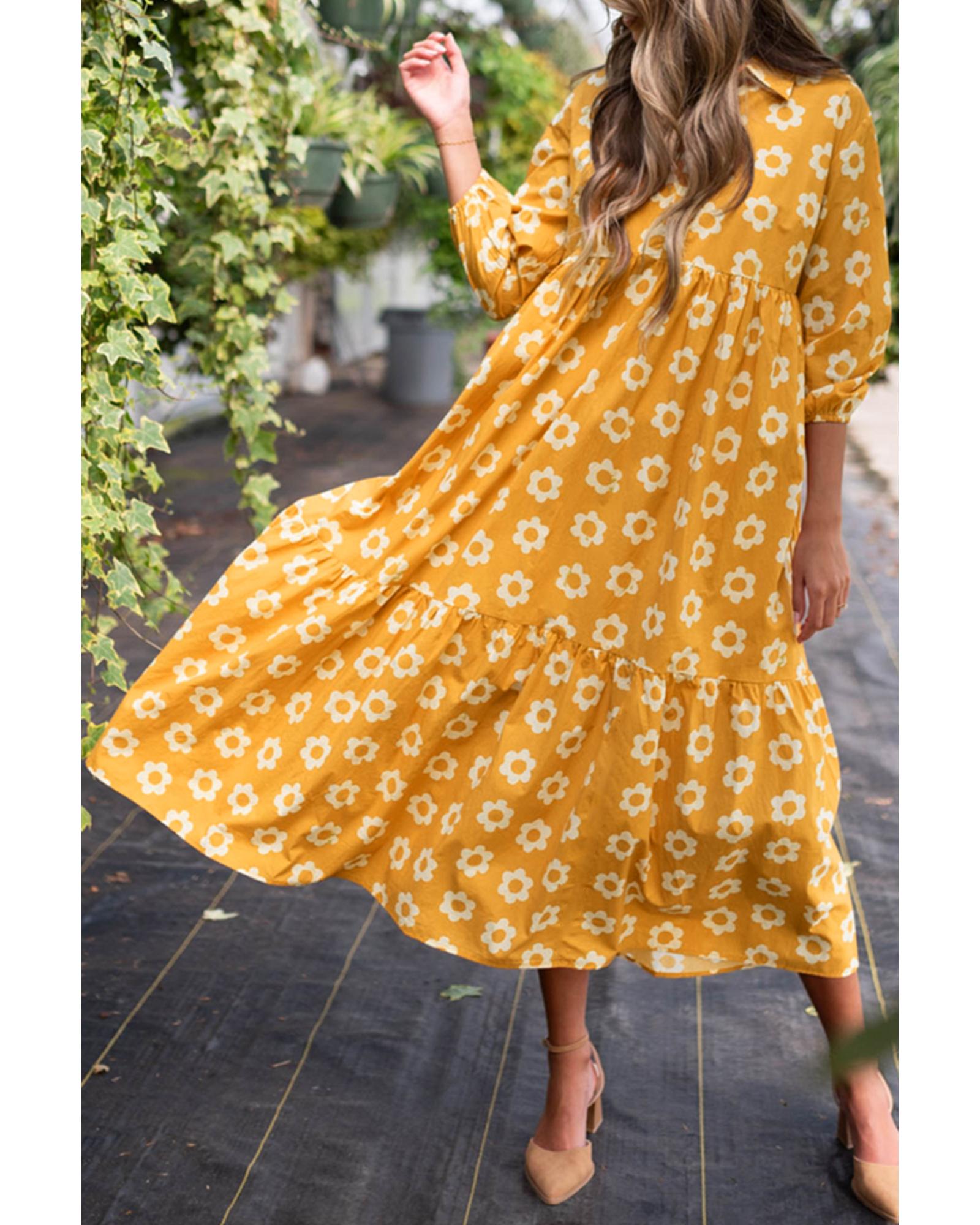 Yellow Flower Print Bracelet Sleeve Buttons Collared Maxi Dress - M 4