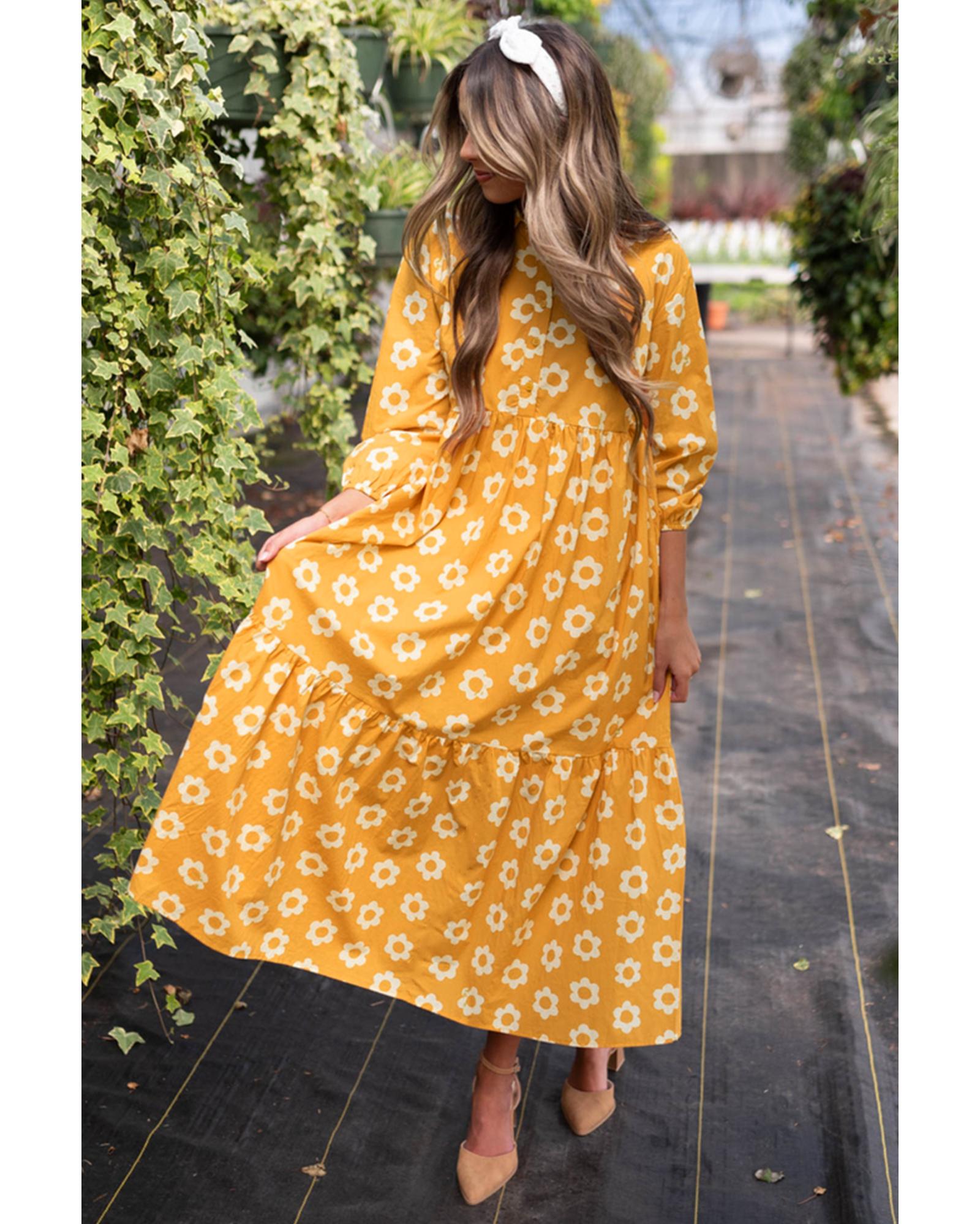 Yellow Flower Print Bracelet Sleeve Buttons Collared Maxi Dress - M 5