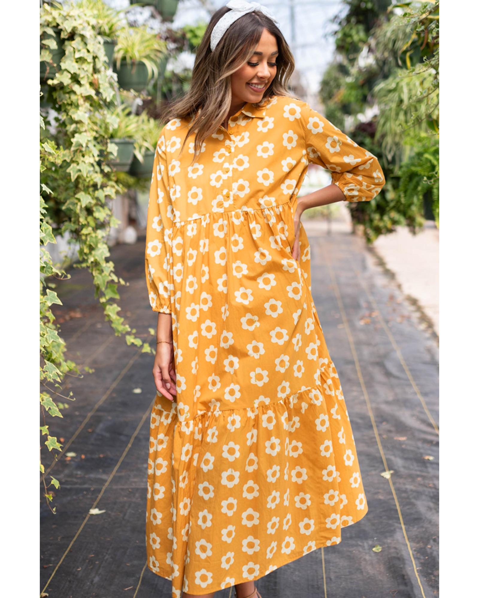 Yellow Flower Print Bracelet Sleeve Buttons Collared Maxi Dress - M 6