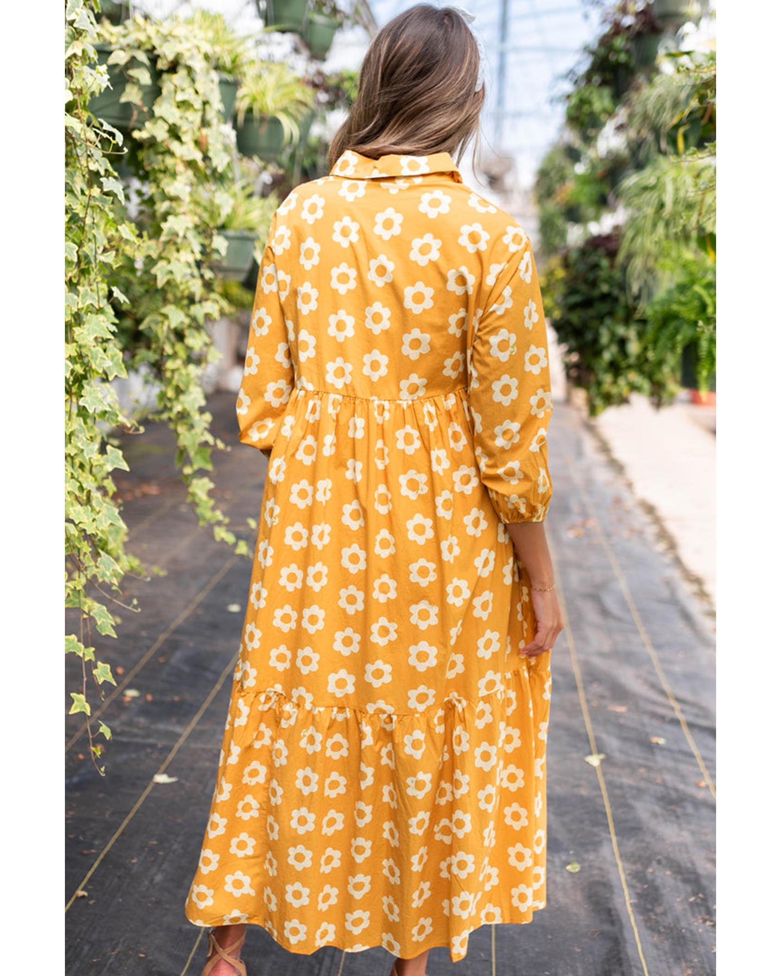 Yellow Flower Print Bracelet Sleeve Buttons Collared Maxi Dress - M 8