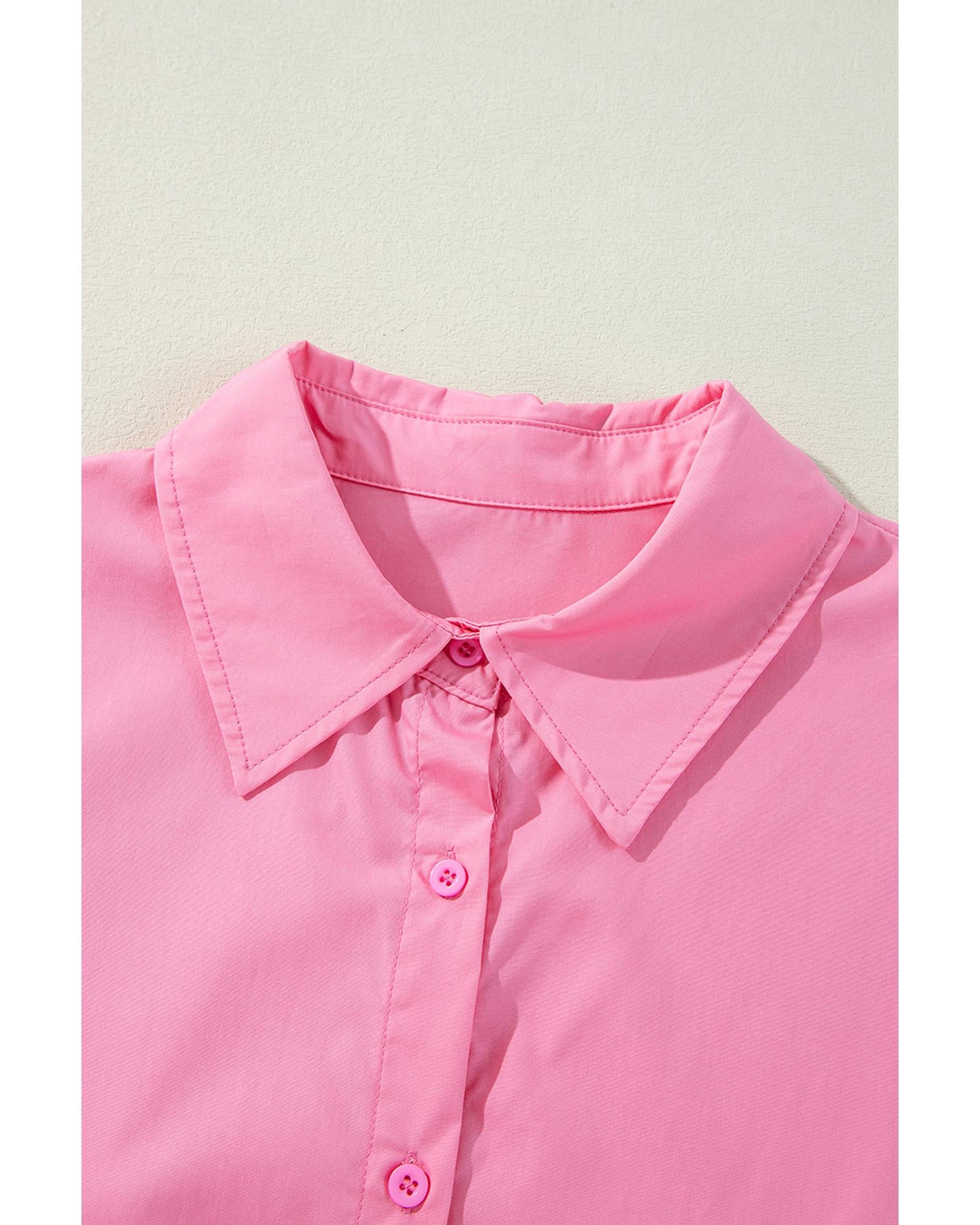 Bright Pink Balloon Sleeve Button Up Mini Shirt Dress - M
