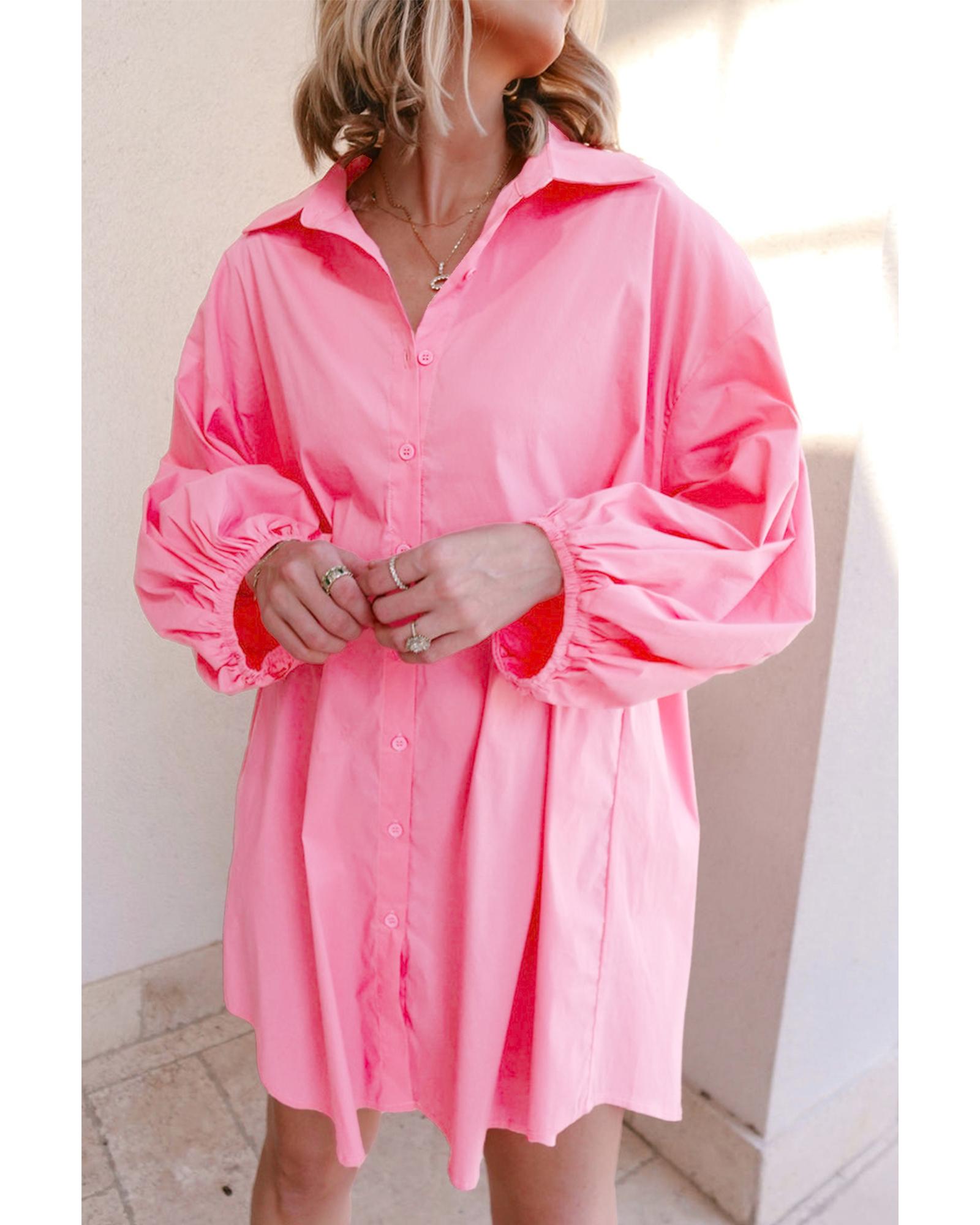 Bright Pink Balloon Sleeve Button Up Mini Shirt Dress - XL