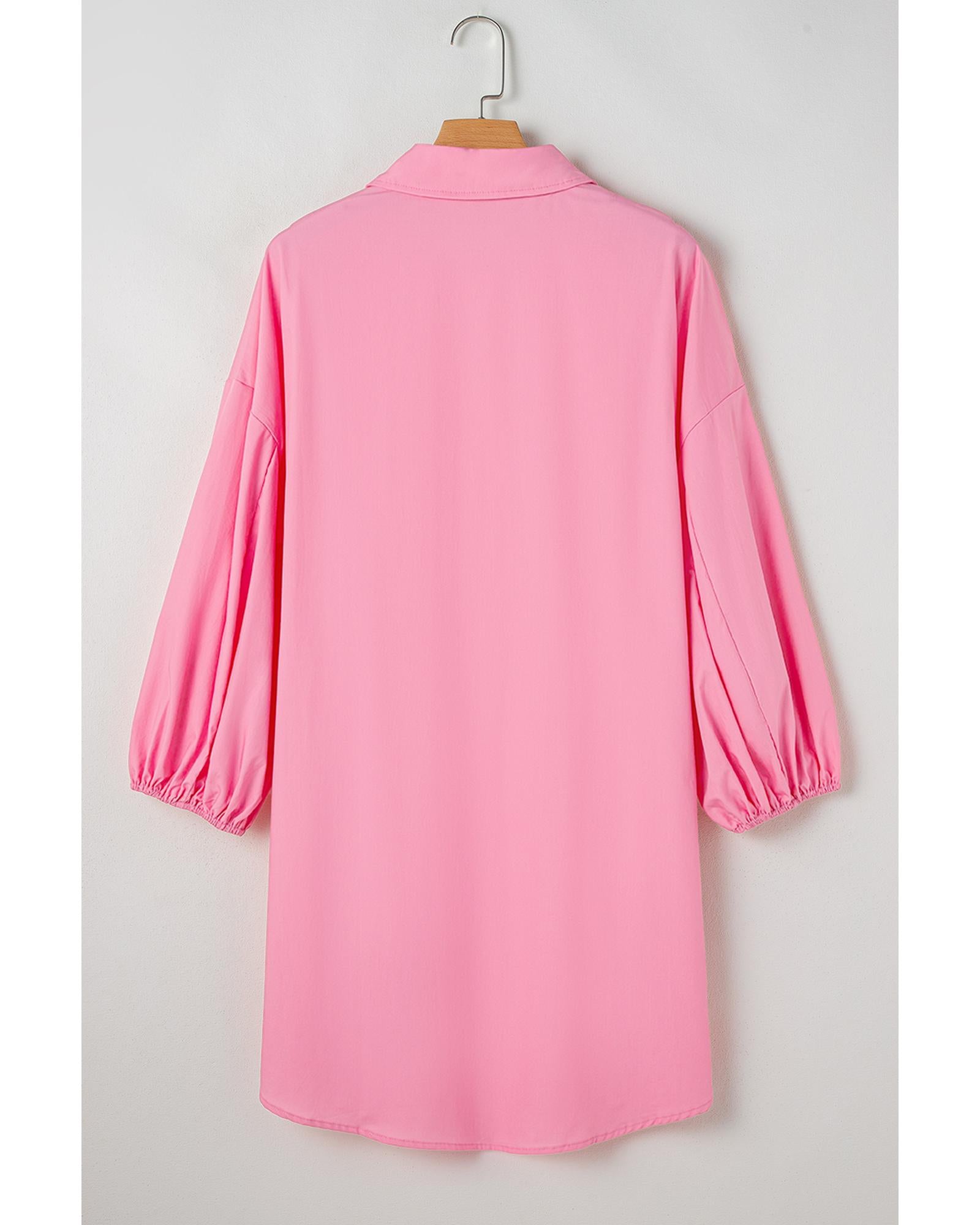Bright Pink Balloon Sleeve Button Up Mini Shirt Dress - XL 5