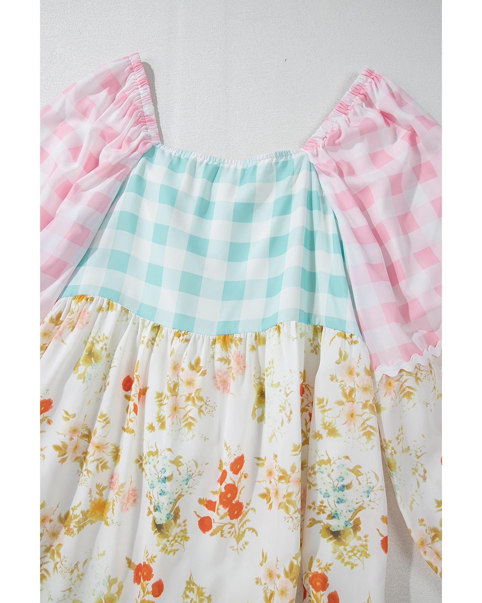 Pink Ric Rac Plaid Floral Print Patchwork Bubble Sleeve Dress - L 8