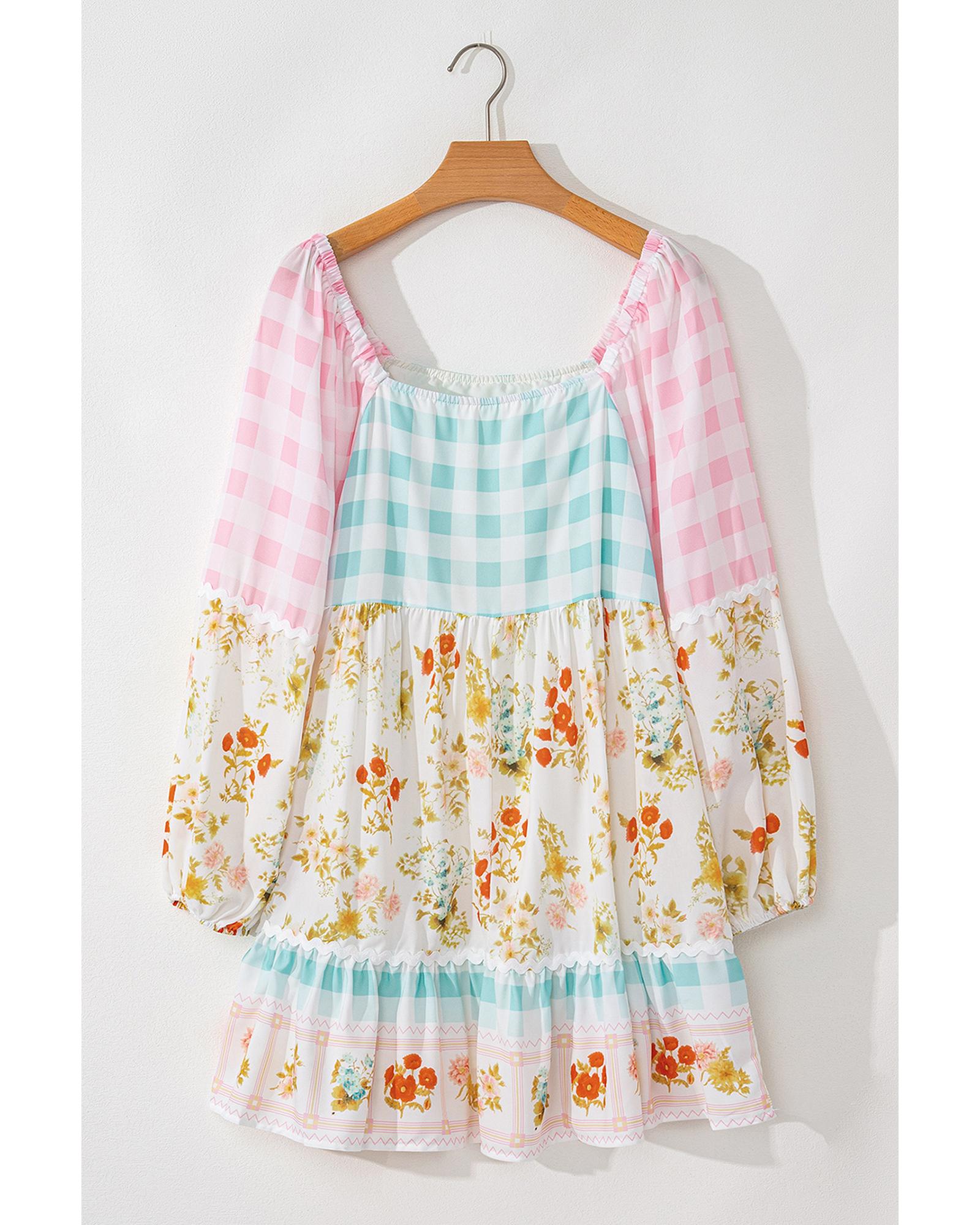 Pink Ric Rac Plaid Floral Print Patchwork Bubble Sleeve Dress - S