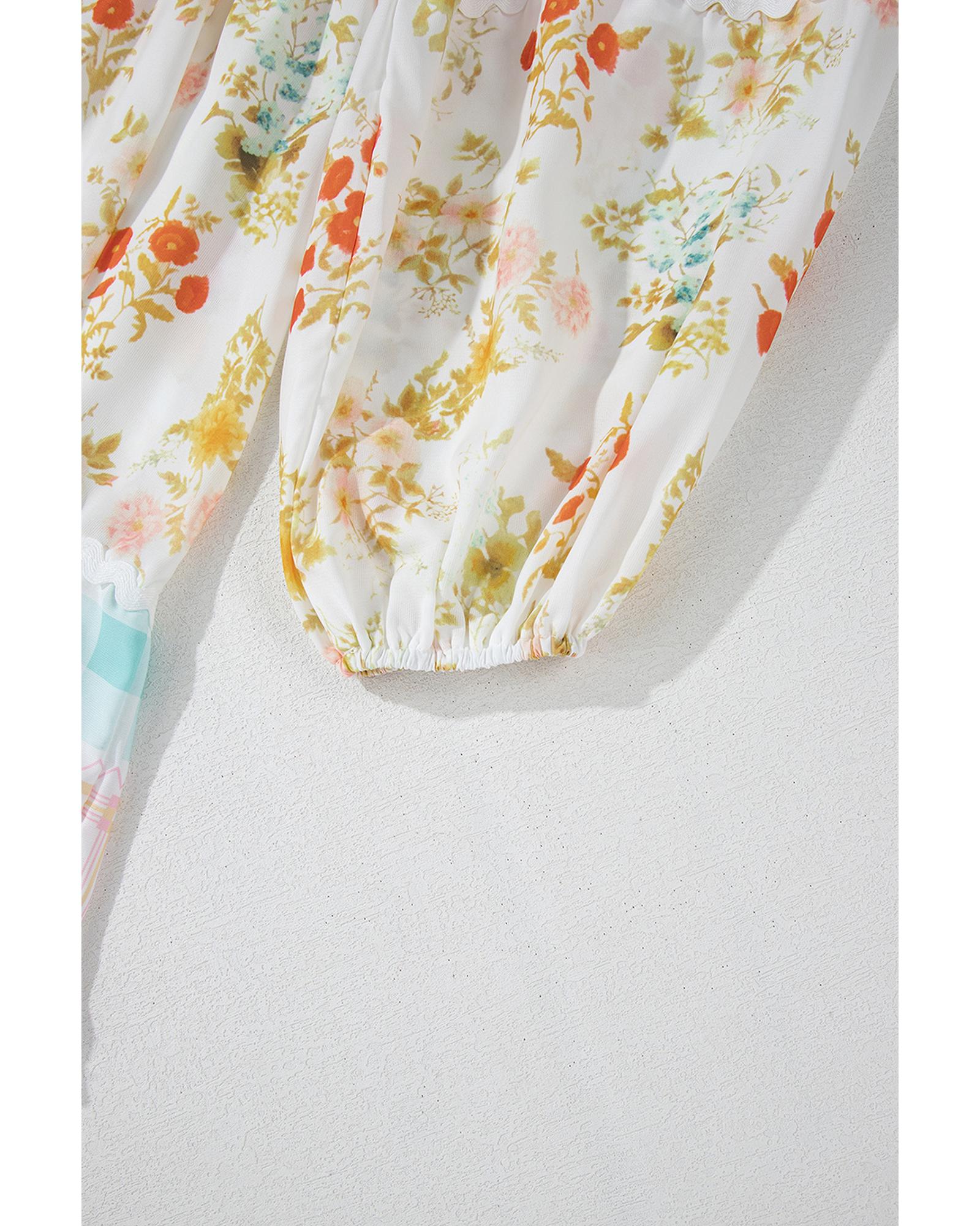 Pink Ric Rac Plaid Floral Print Patchwork Bubble Sleeve Dress - XL