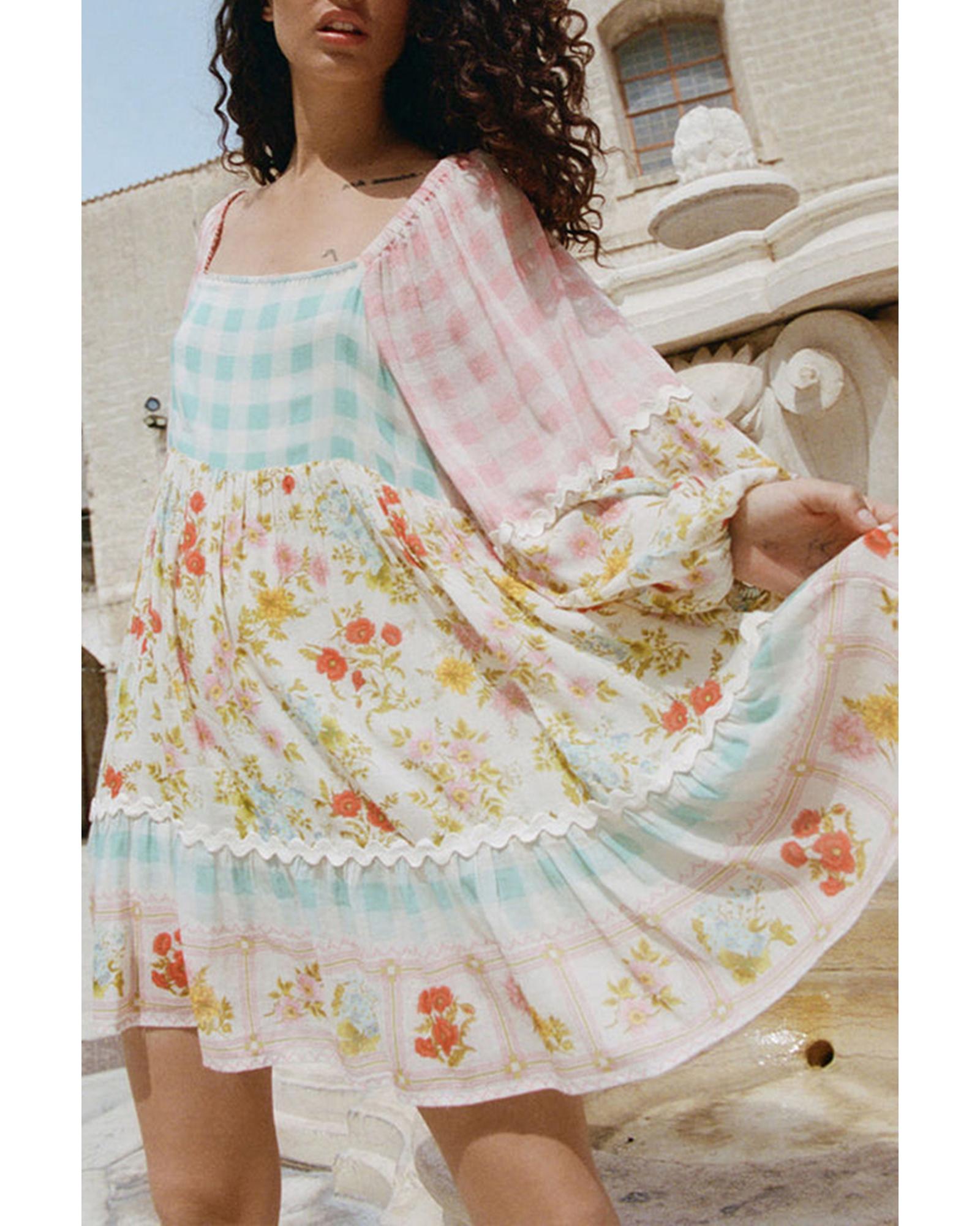 Pink Ric Rac Plaid Floral Print Patchwork Bubble Sleeve Dress - XL 3