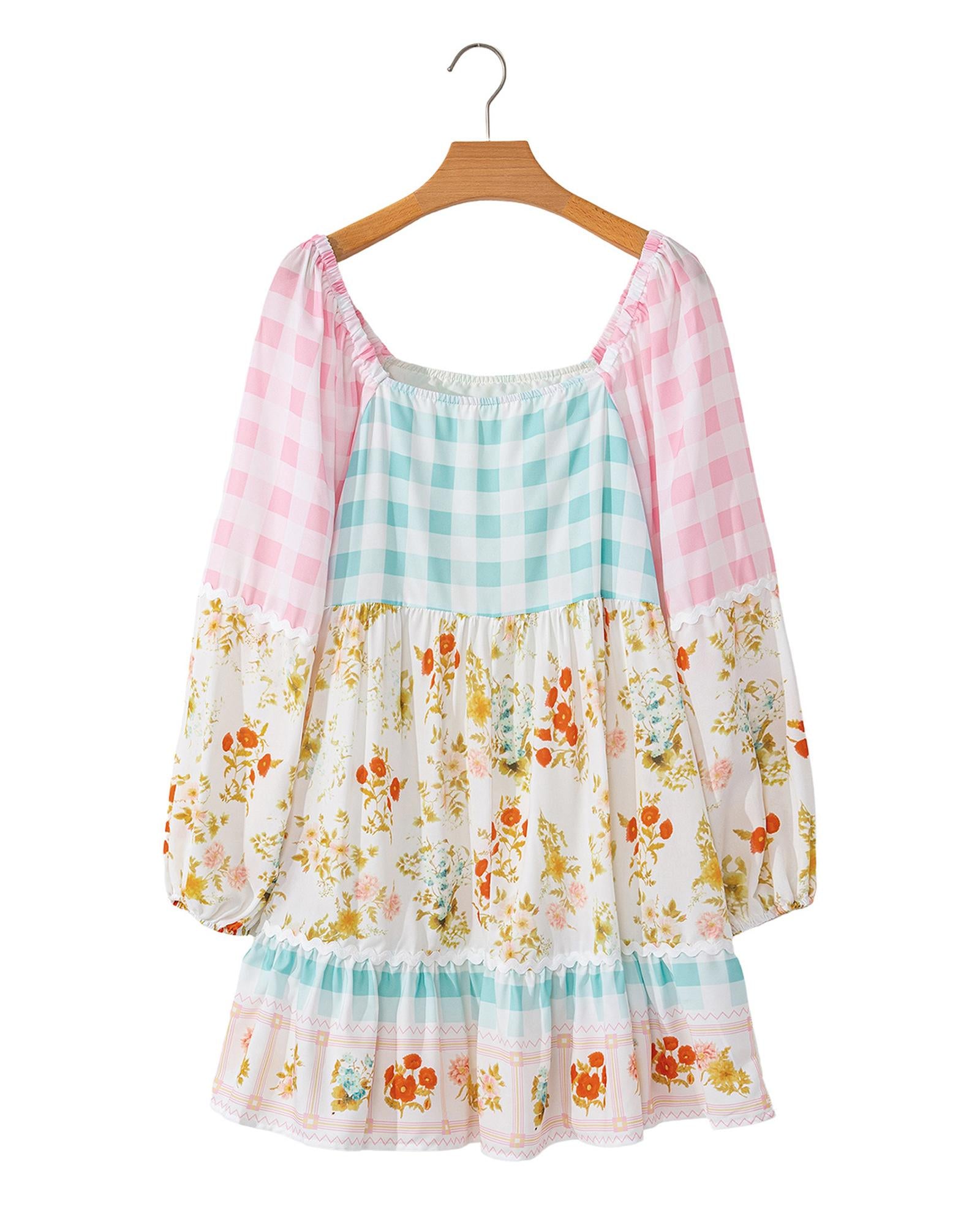 Pink Ric Rac Plaid Floral Print Patchwork Bubble Sleeve Dress - XL 5