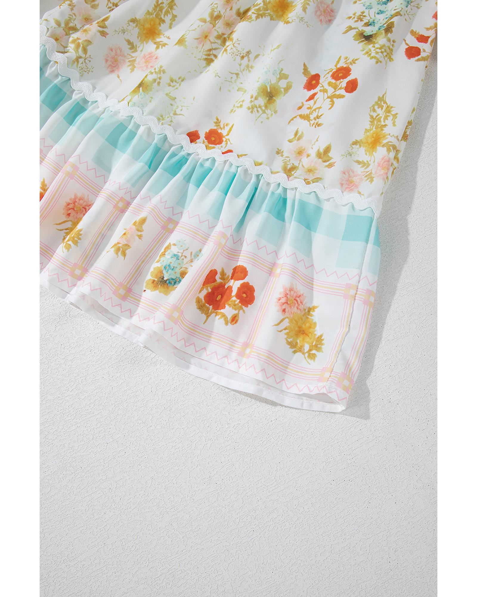 Pink Ric Rac Plaid Floral Print Patchwork Bubble Sleeve Dress - XL 6