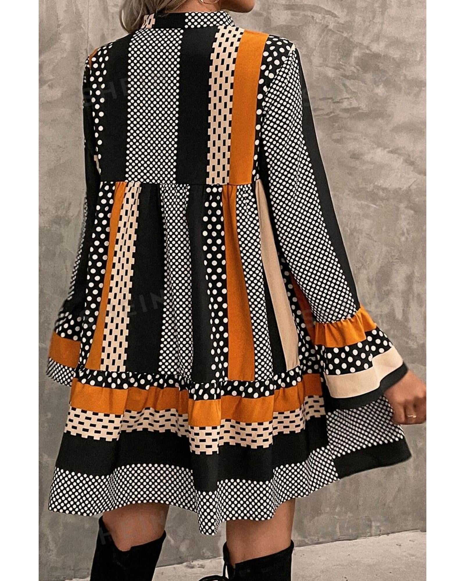 Black Striped Polka Dot Print Ruffled Hem V Neck Mini Dress - M