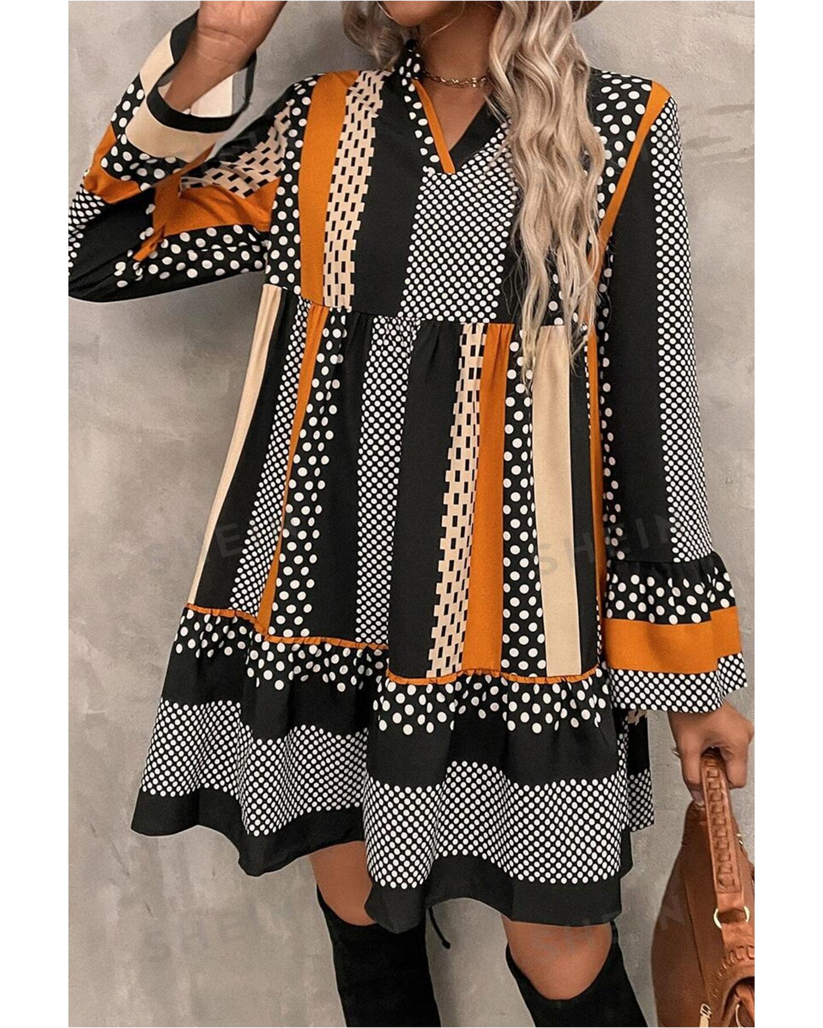 Black Striped Polka Dot Print Ruffled Hem V Neck Mini Dress - M 5