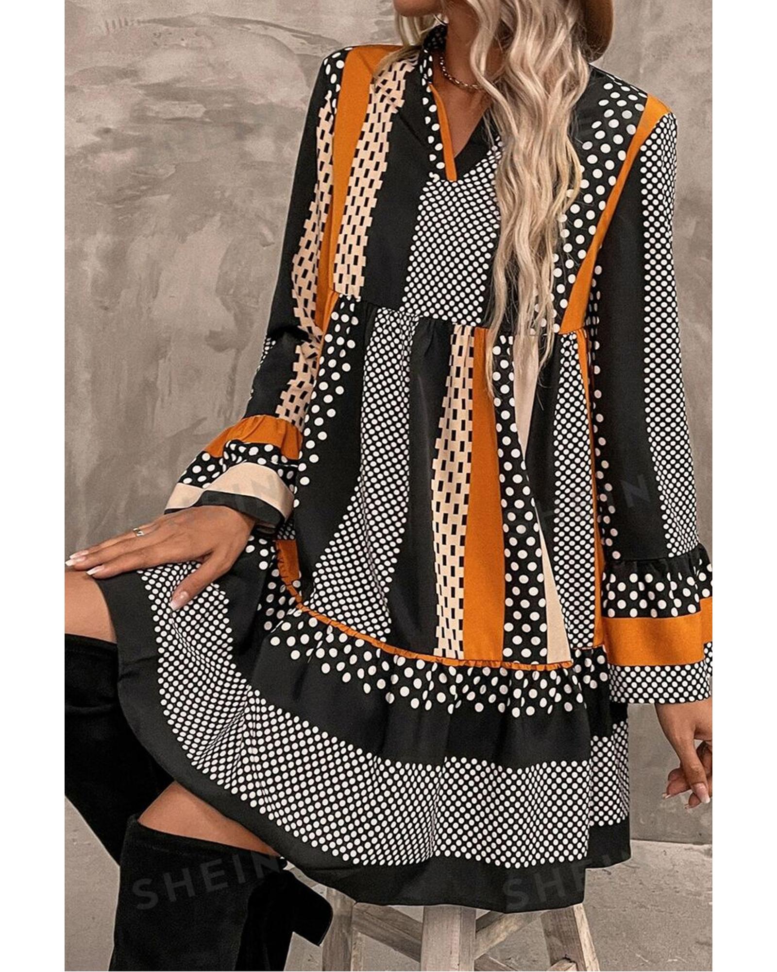 Black Striped Polka Dot Print Ruffled Hem V Neck Mini Dress - M 6