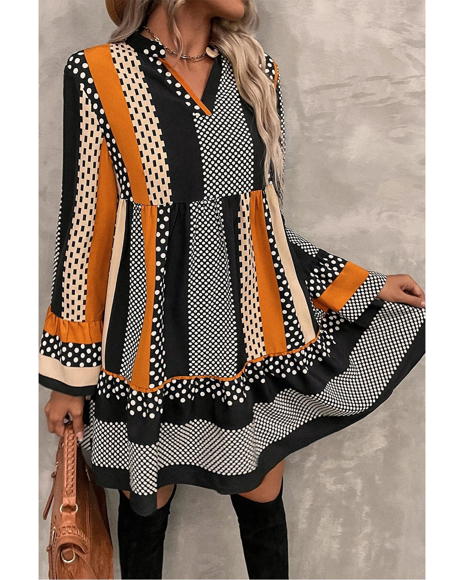 Black Striped Polka Dot Print Ruffled Hem V Neck Mini Dress - S 4