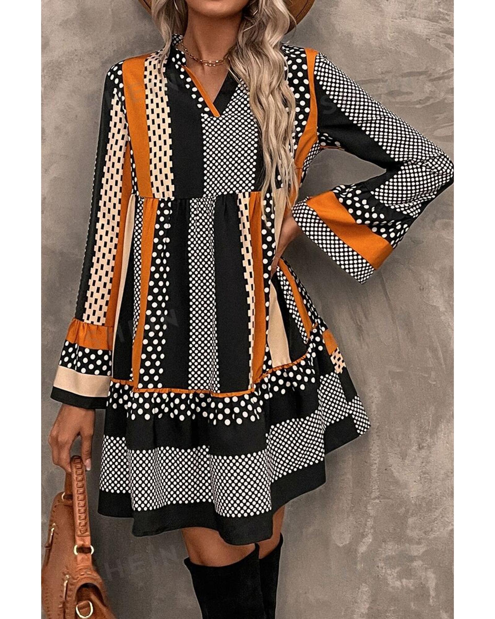 Black Striped Polka Dot Print Ruffled Hem V Neck Mini Dress - XL