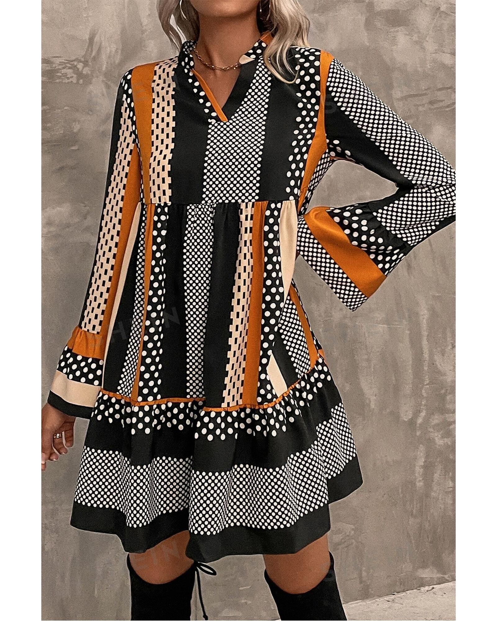 Black Striped Polka Dot Print Ruffled Hem V Neck Mini Dress - XL