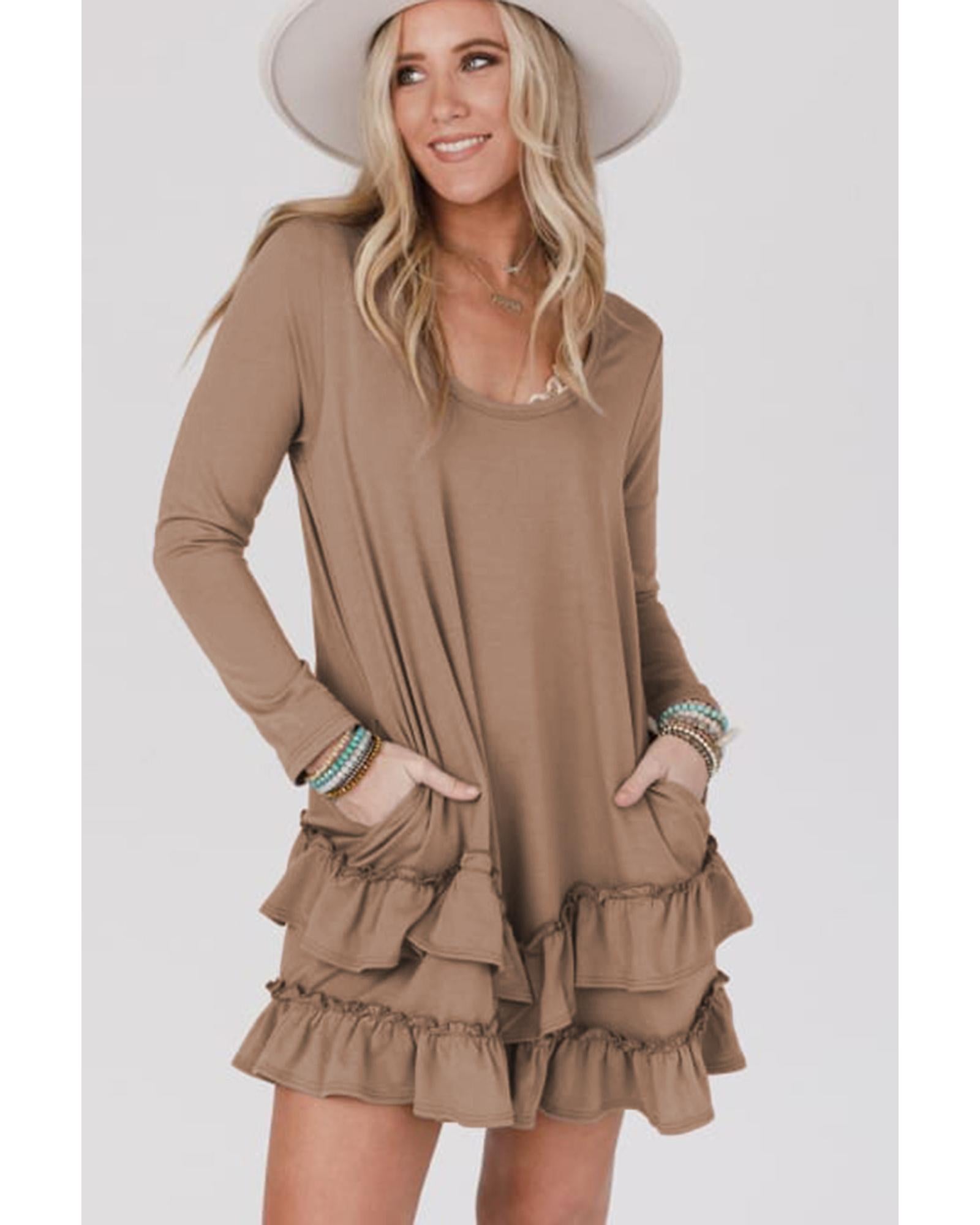 Goat Scoop Neck Tiered Ruffled Hem Long Sleeve Mini Dress - L 6
