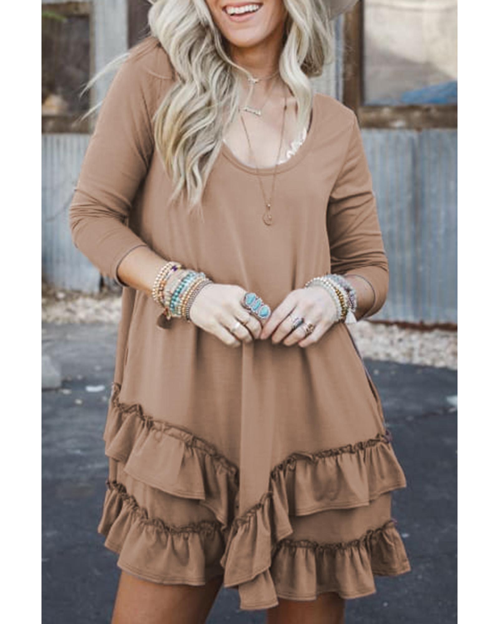 Goat Scoop Neck Tiered Ruffled Hem Long Sleeve Mini Dress - S 4