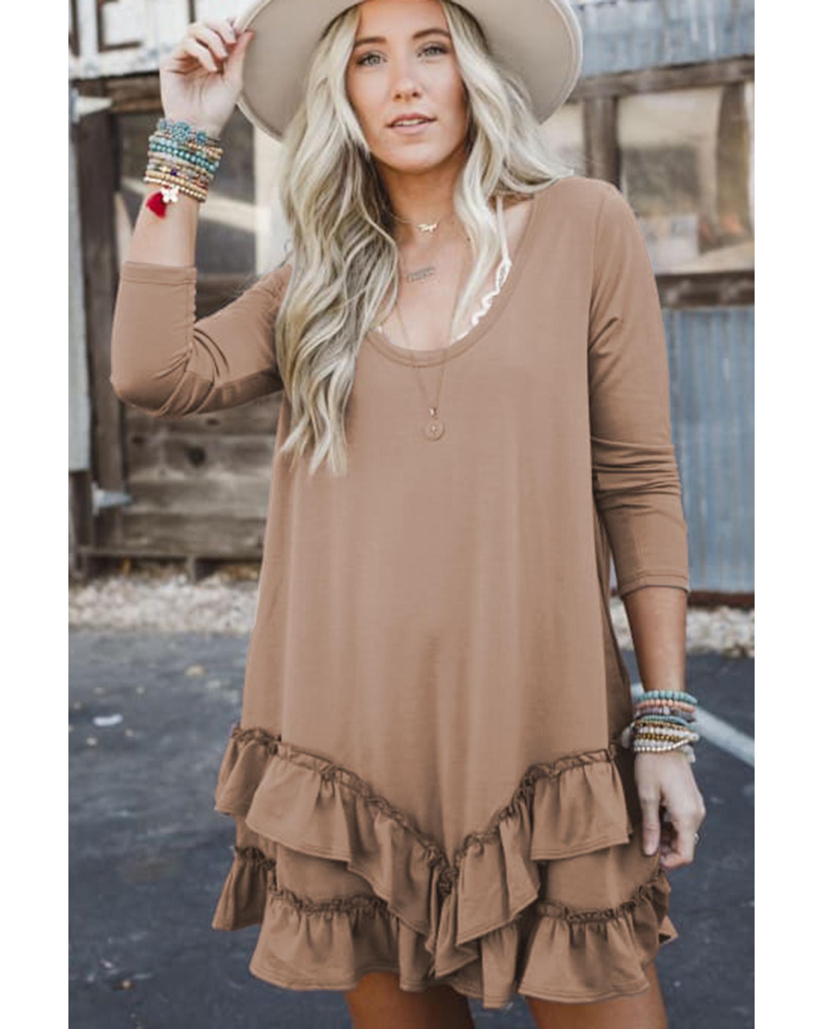 Goat Scoop Neck Tiered Ruffled Hem Long Sleeve Mini Dress - S 5
