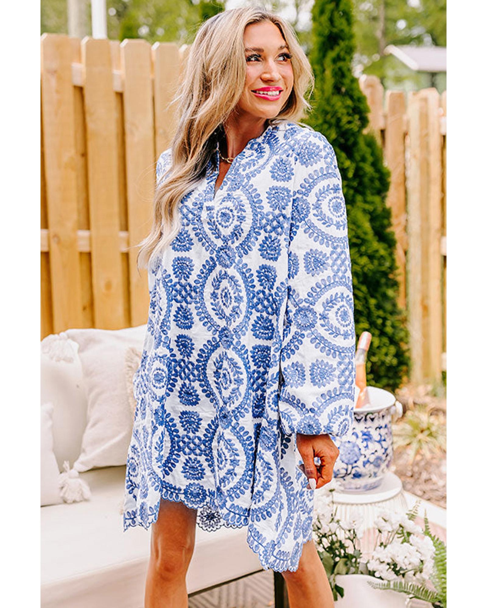 Blue Boho Floral Embroidered Notch V Neck Shift Mini Dress - L
