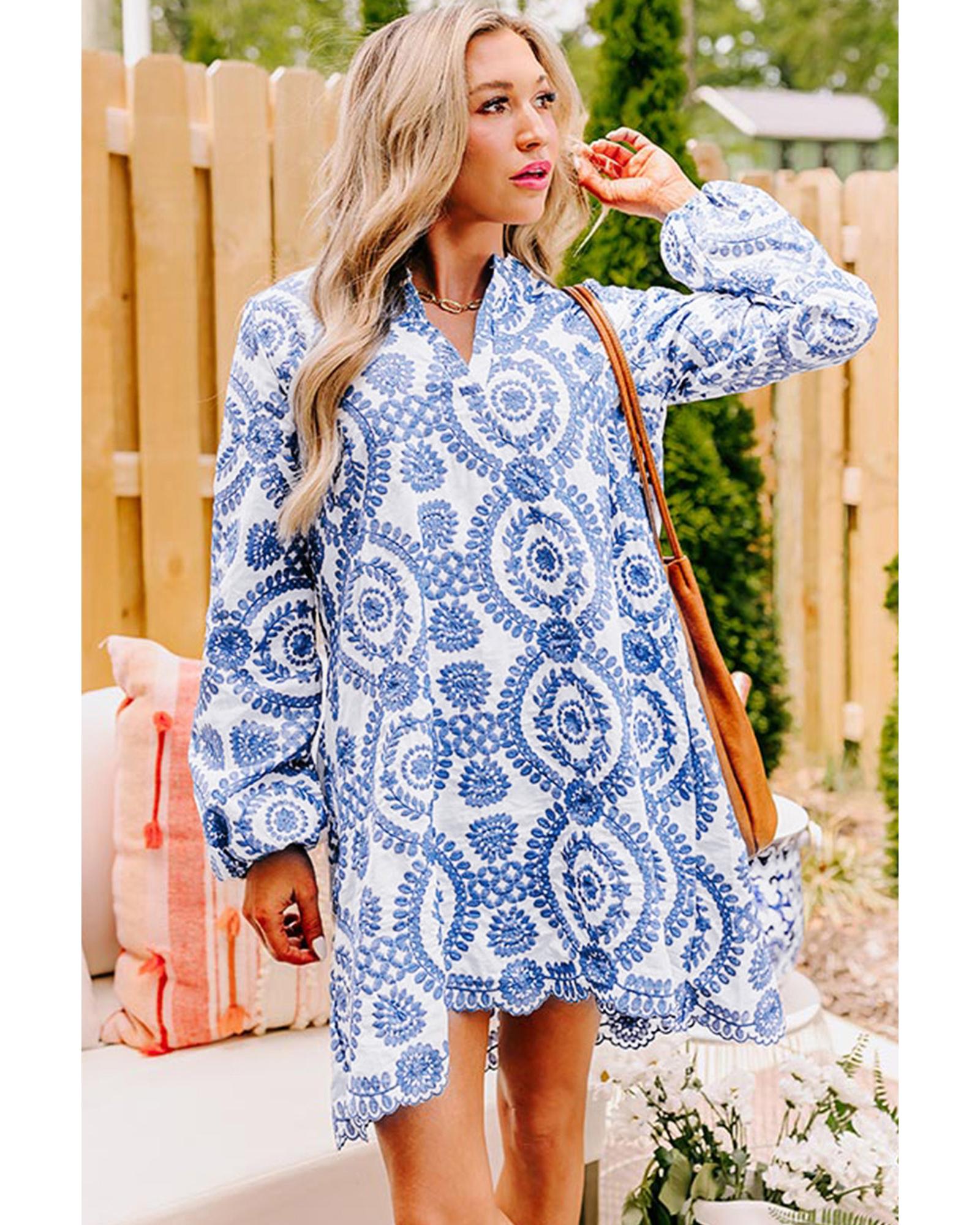 Blue Boho Floral Embroidered Notch V Neck Shift Mini Dress - L 6