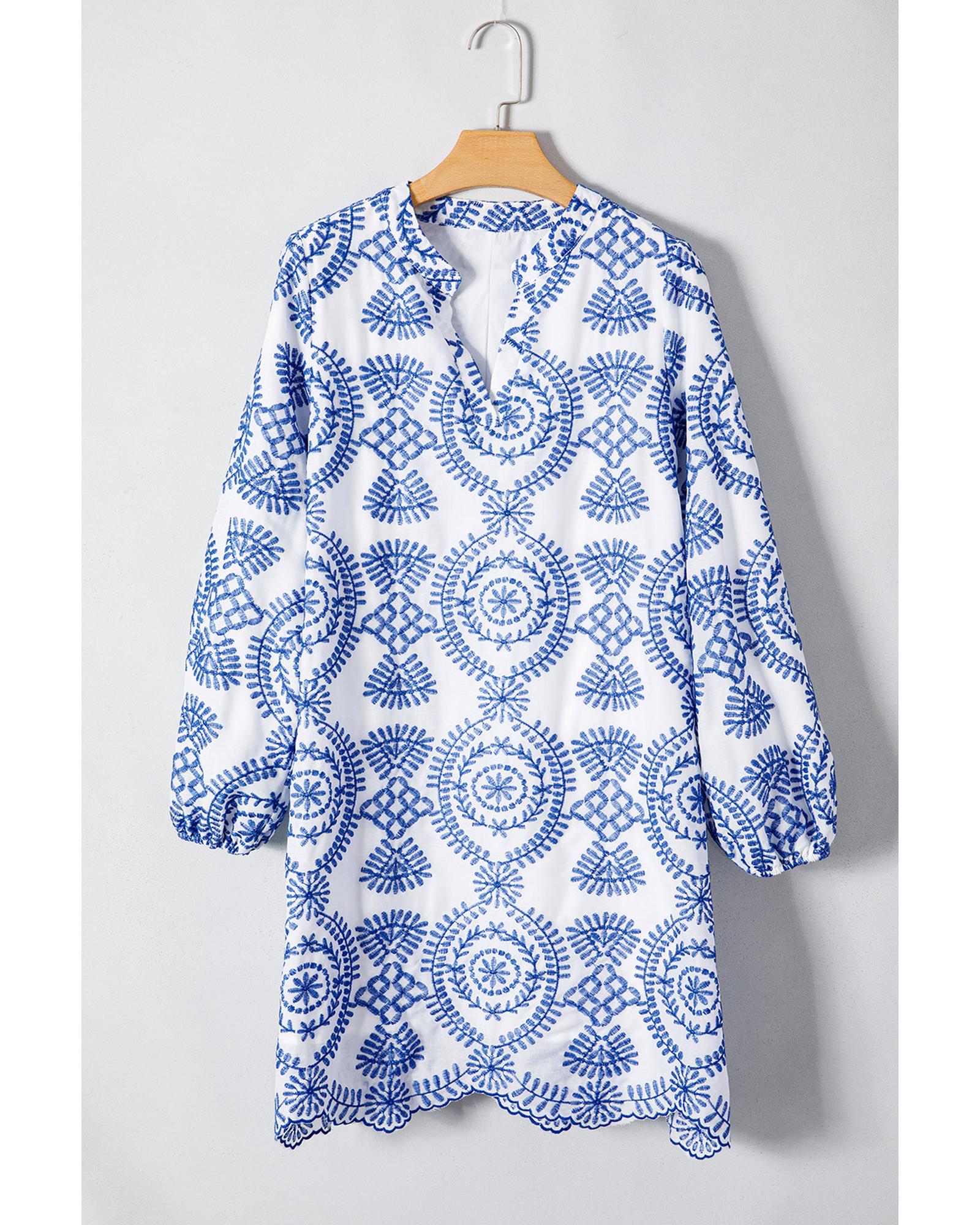 Blue Boho Floral Embroidered Notch V Neck Shift Mini Dress - L 8