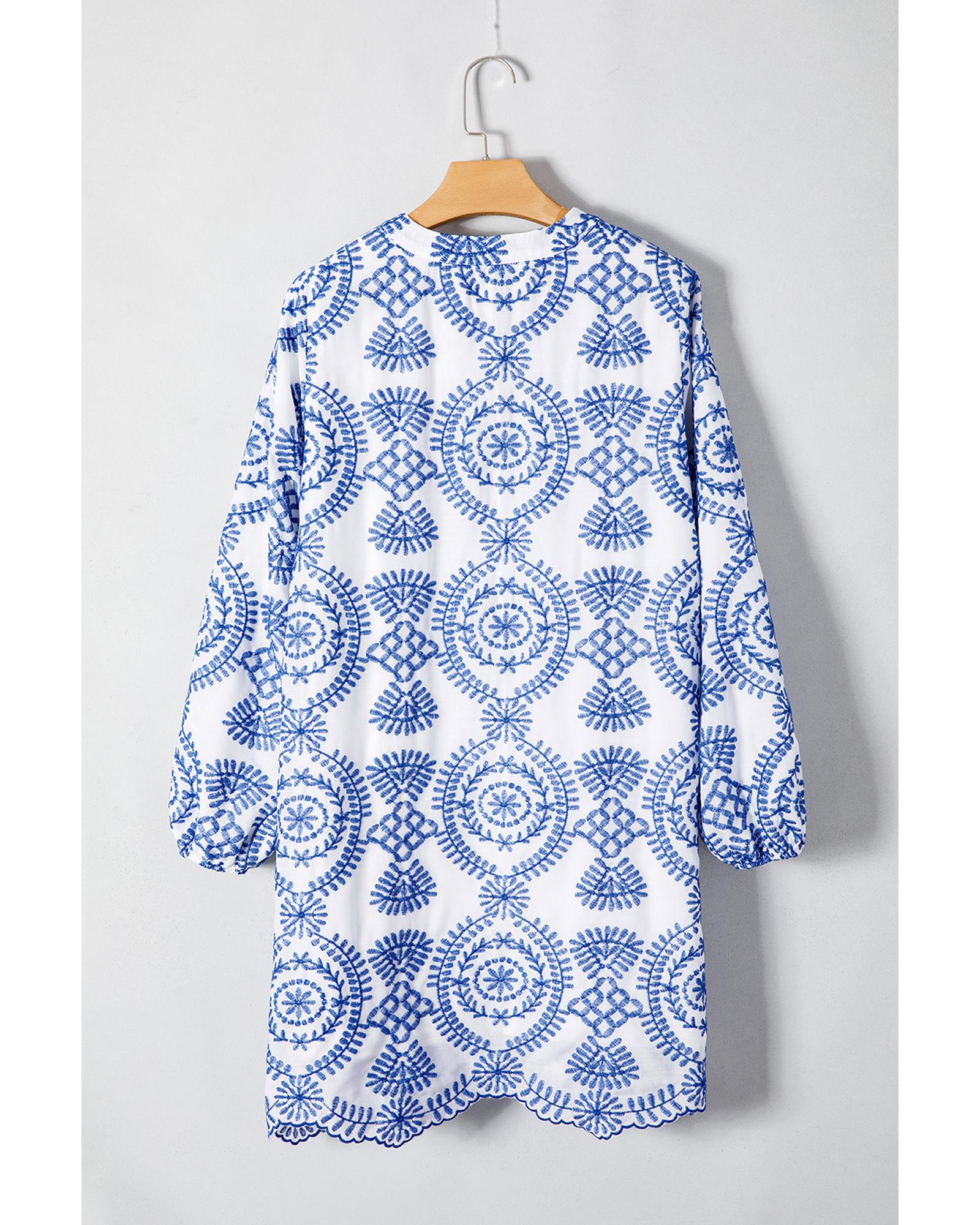 Blue Boho Floral Embroidered Notch V Neck Shift Mini Dress - XL