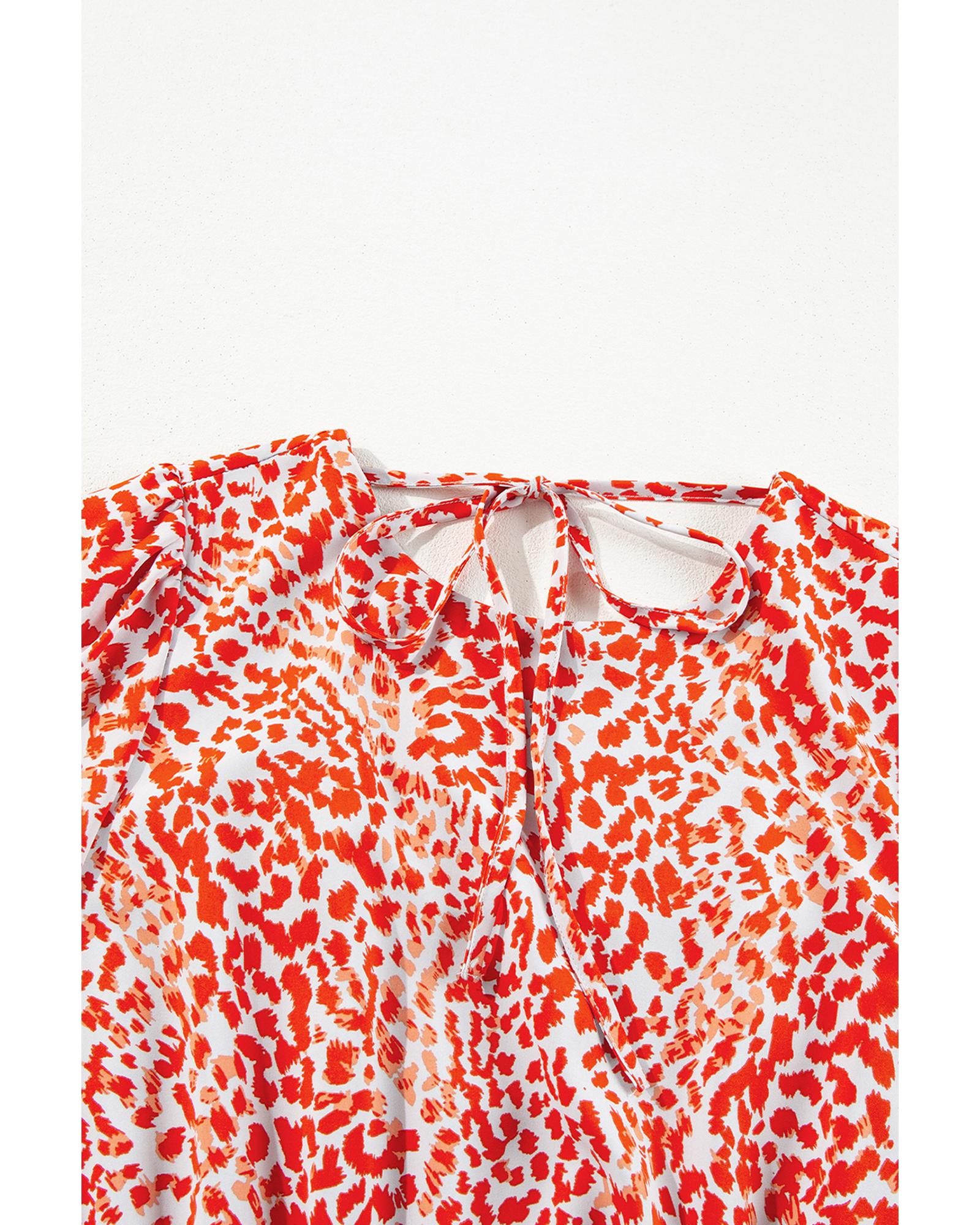 Tomato Red Leopard Print Long Sleeve Hollowed Back Split Mini Dress - S