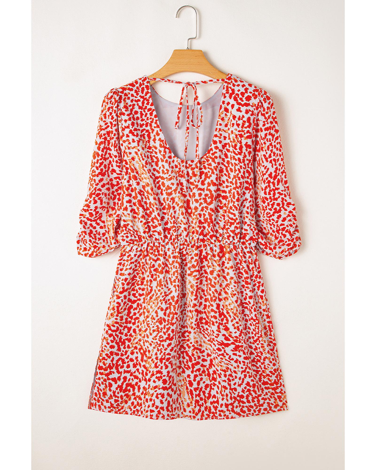 Tomato Red Leopard Print Long Sleeve Hollowed Back Split Mini Dress - S 3