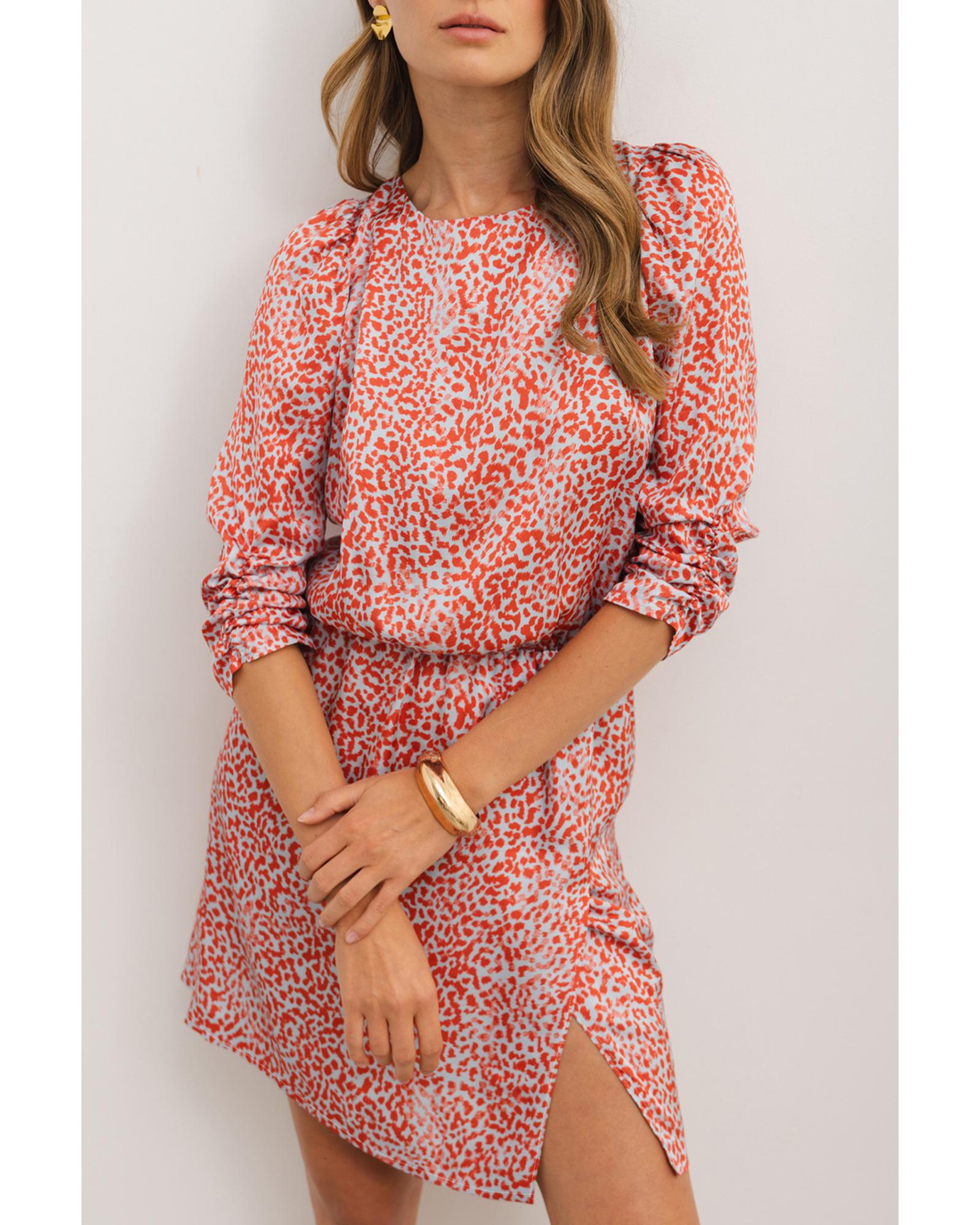 Tomato Red Leopard Print Long Sleeve Hollowed Back Split Mini Dress - S 7