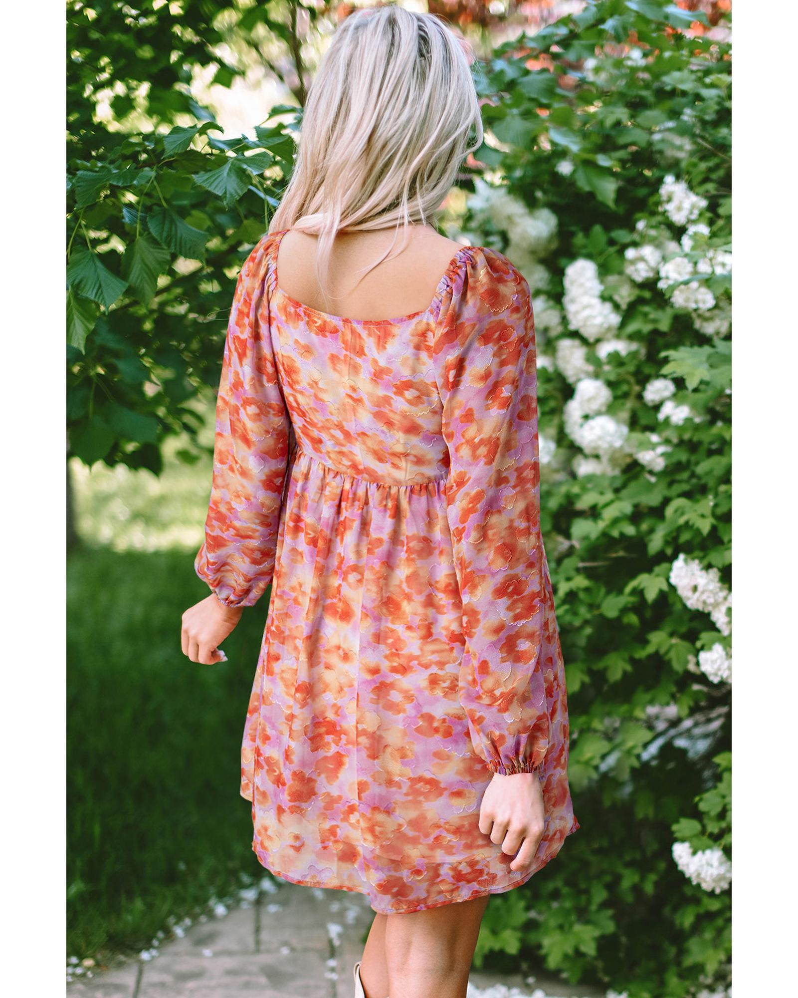 Rose Floral Print Square Neck High Waist Mini Dress - L 3