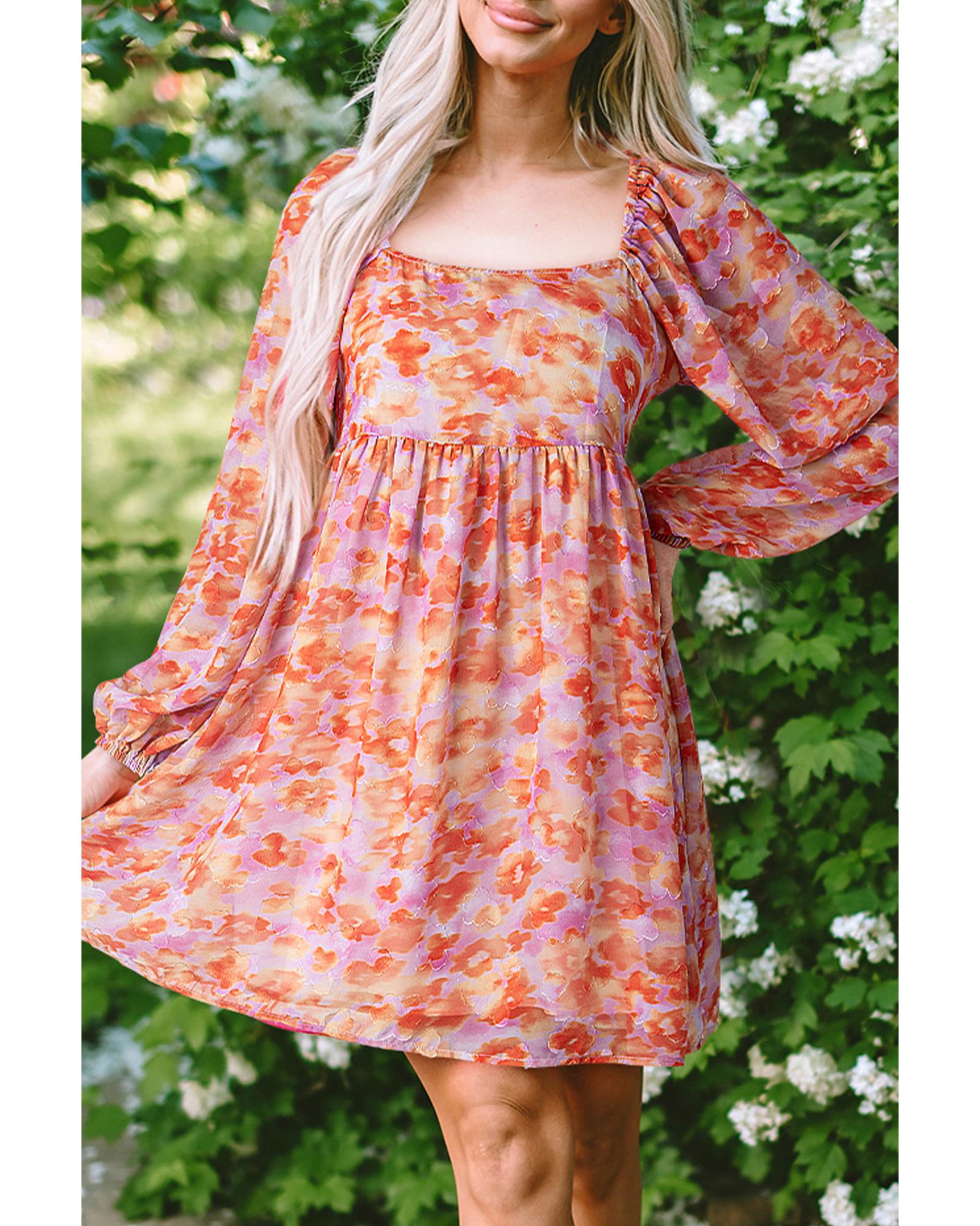 Rose Floral Print Square Neck High Waist Mini Dress - XL