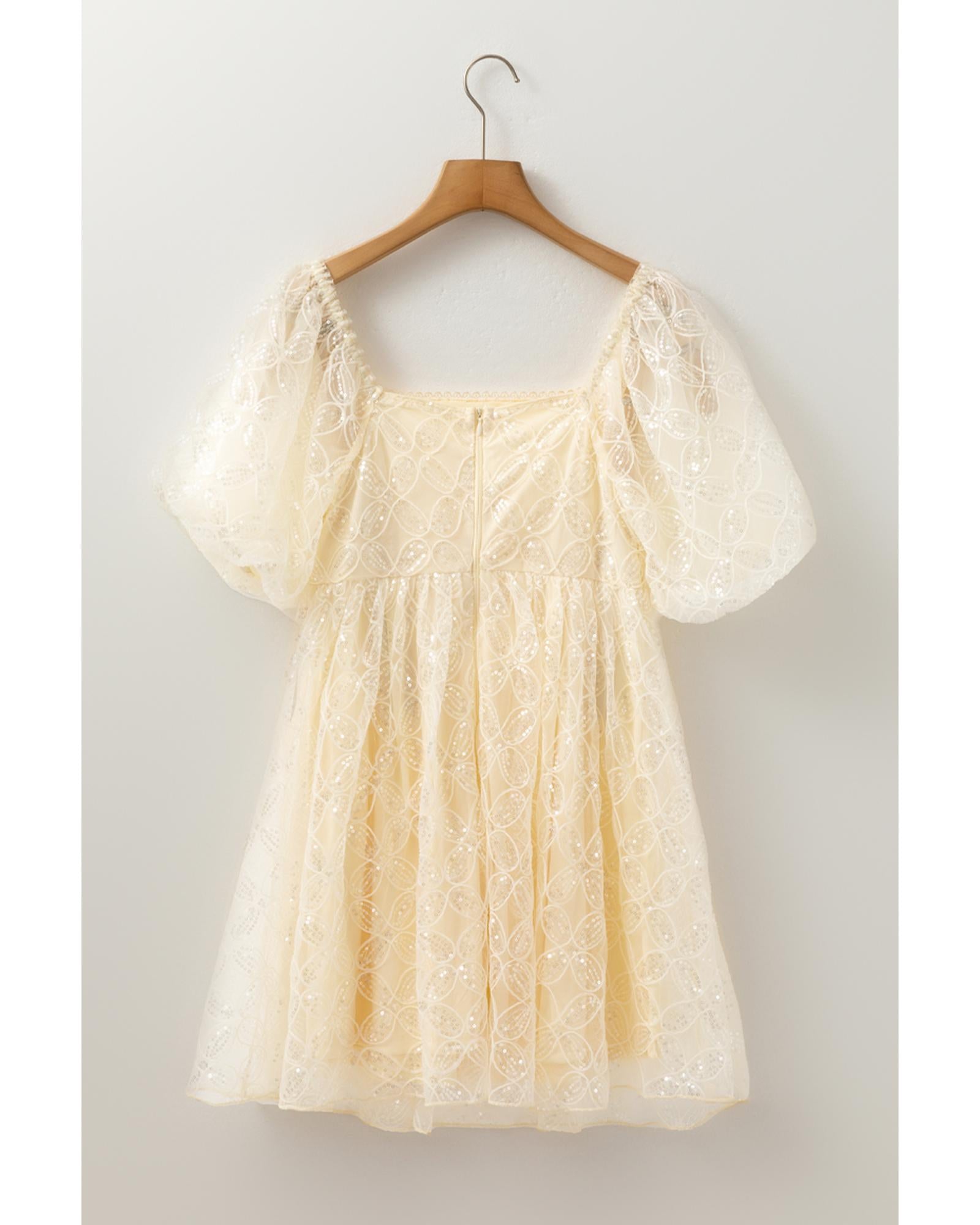 Apricot Sequined Lace Mesh Bubble Sleeve Square Neck Dress - M 6