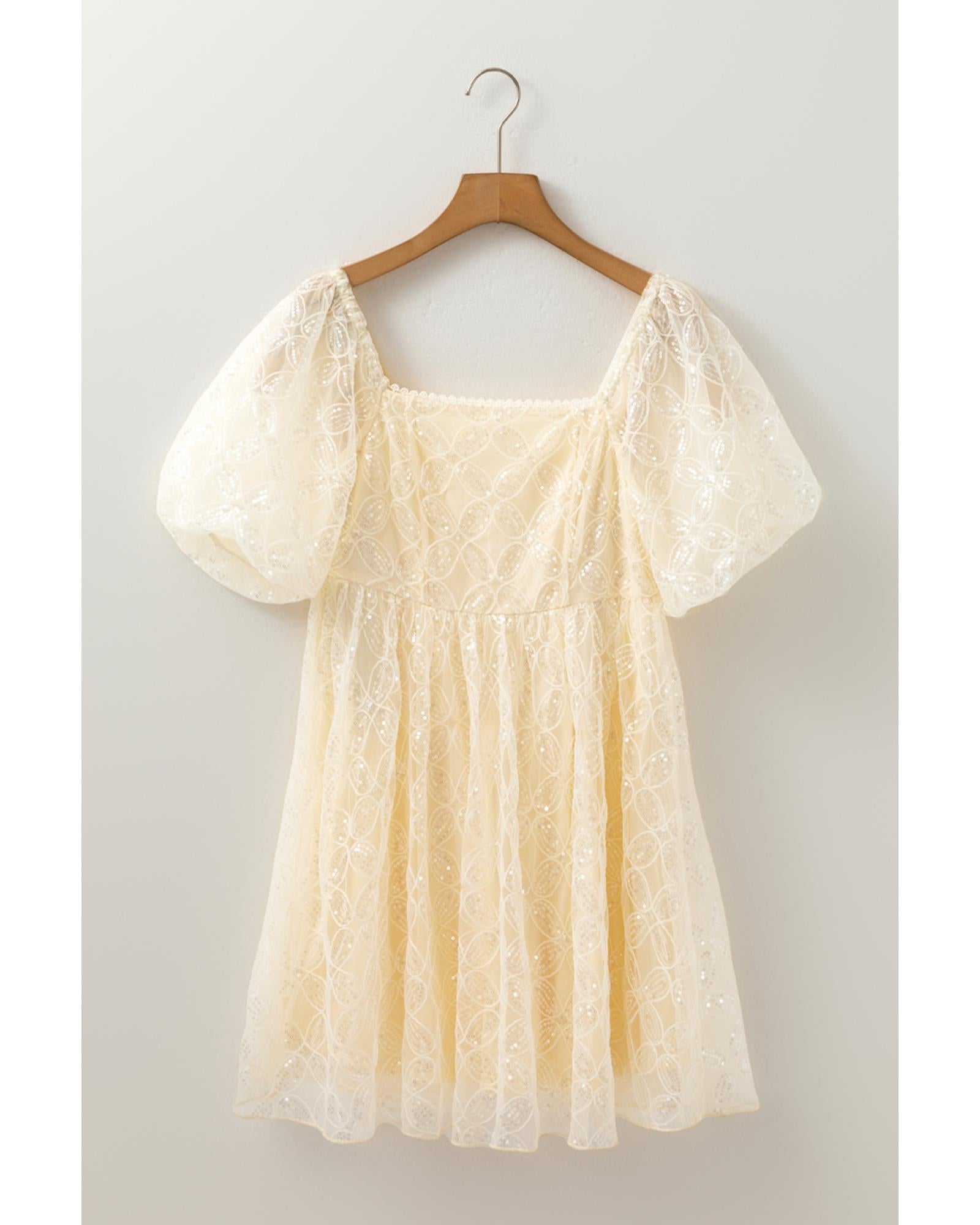 Apricot Sequined Lace Mesh Bubble Sleeve Square Neck Dress - M 7