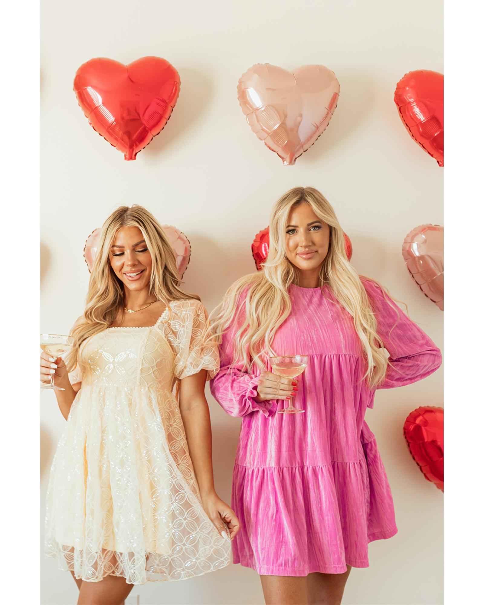 Apricot Sequined Lace Mesh Bubble Sleeve Square Neck Dress - M 8