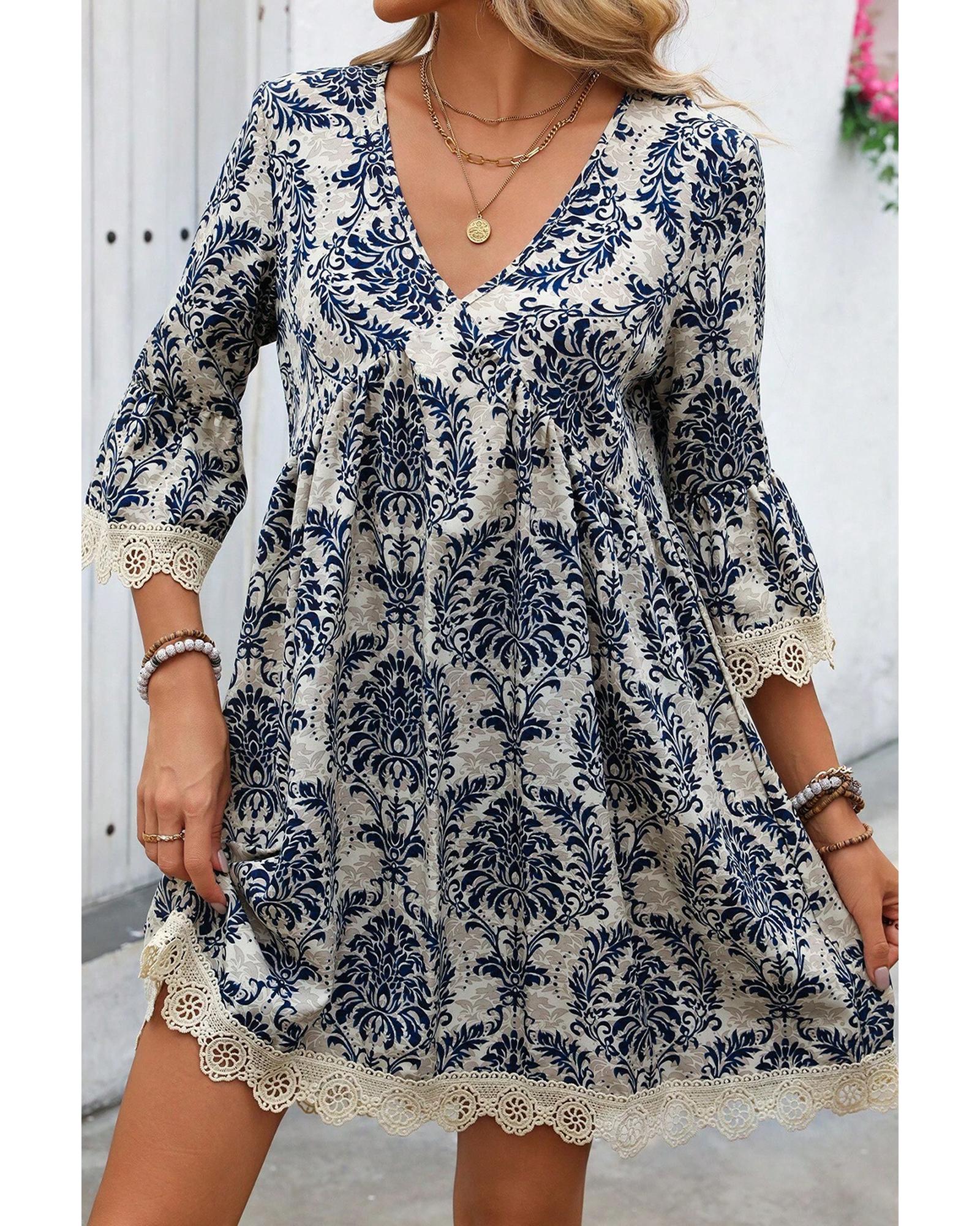 Sky Blue Vintage Printed Lace Trim V Neck 3/4 Sleeve Loose Dress - L 3