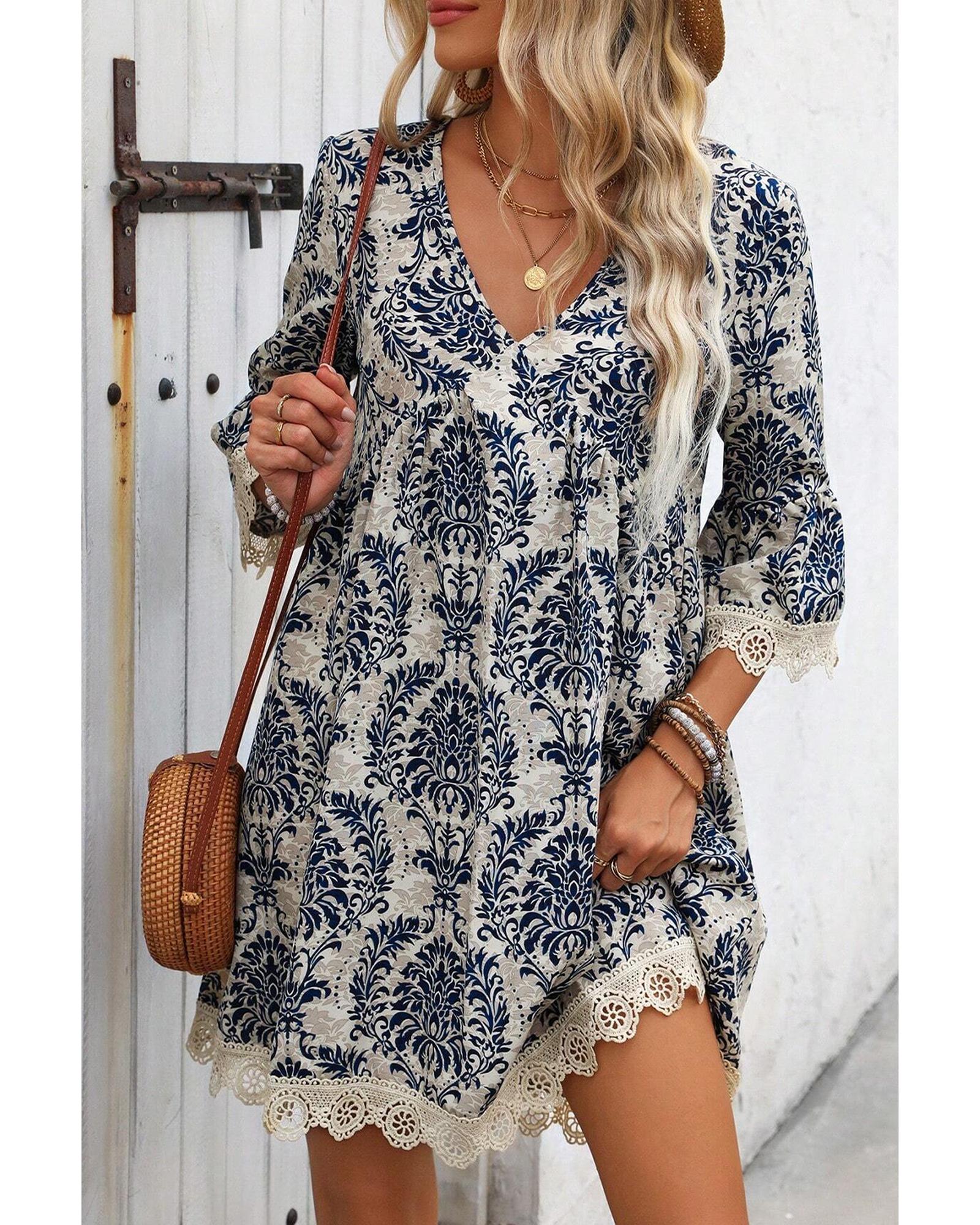 Sky Blue Vintage Printed Lace Trim V Neck 3/4 Sleeve Loose Dress - L 4