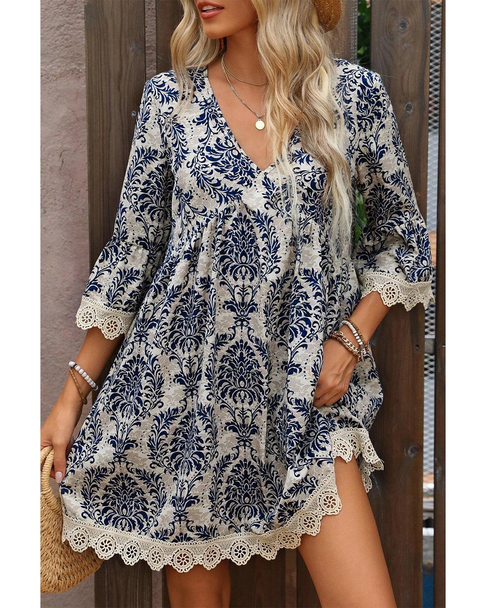 Sky Blue Vintage Printed Lace Trim V Neck 3/4 Sleeve Loose Dress - L 6