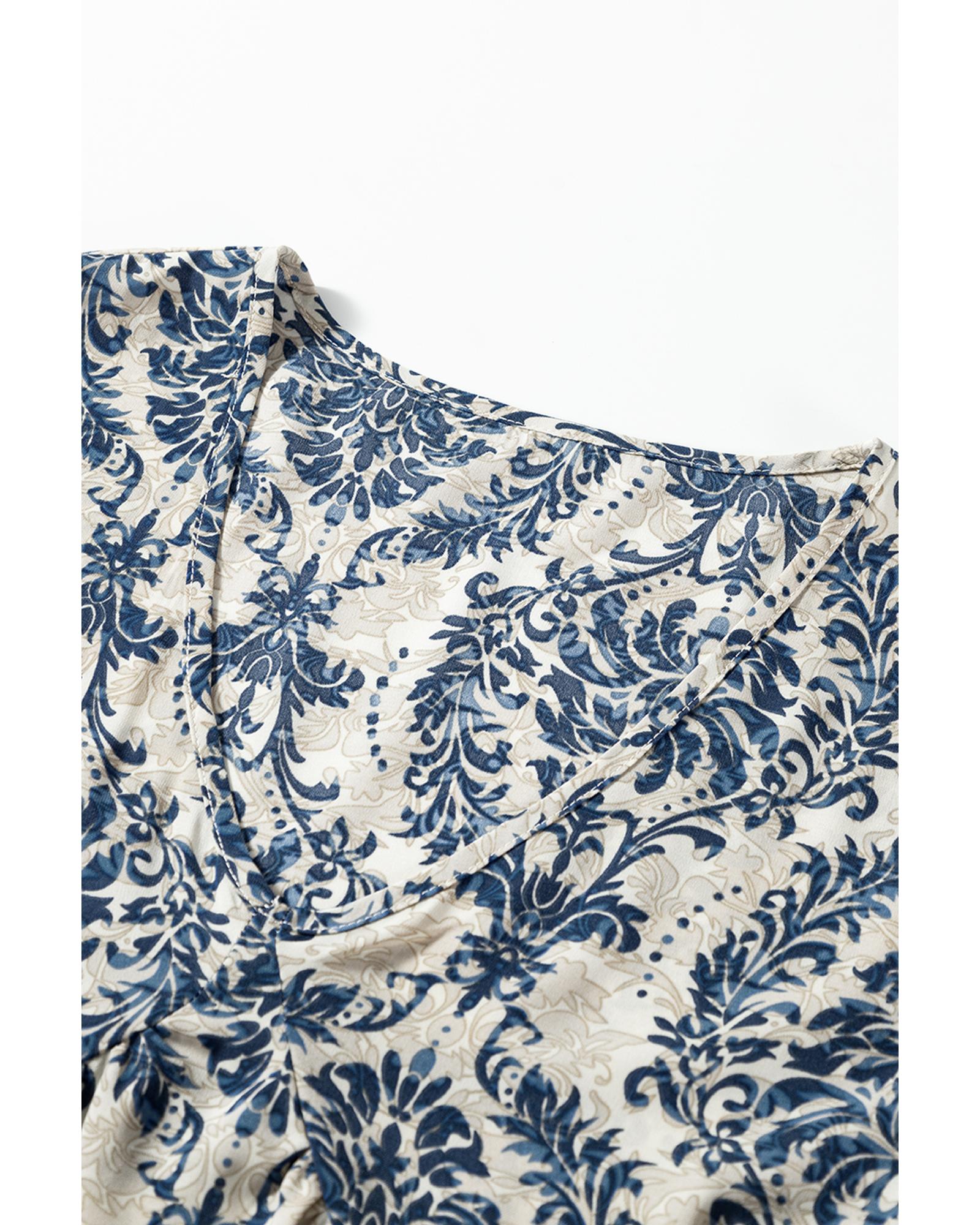 Sky Blue Vintage Printed Lace Trim V Neck 3/4 Sleeve Loose Dress - L 7