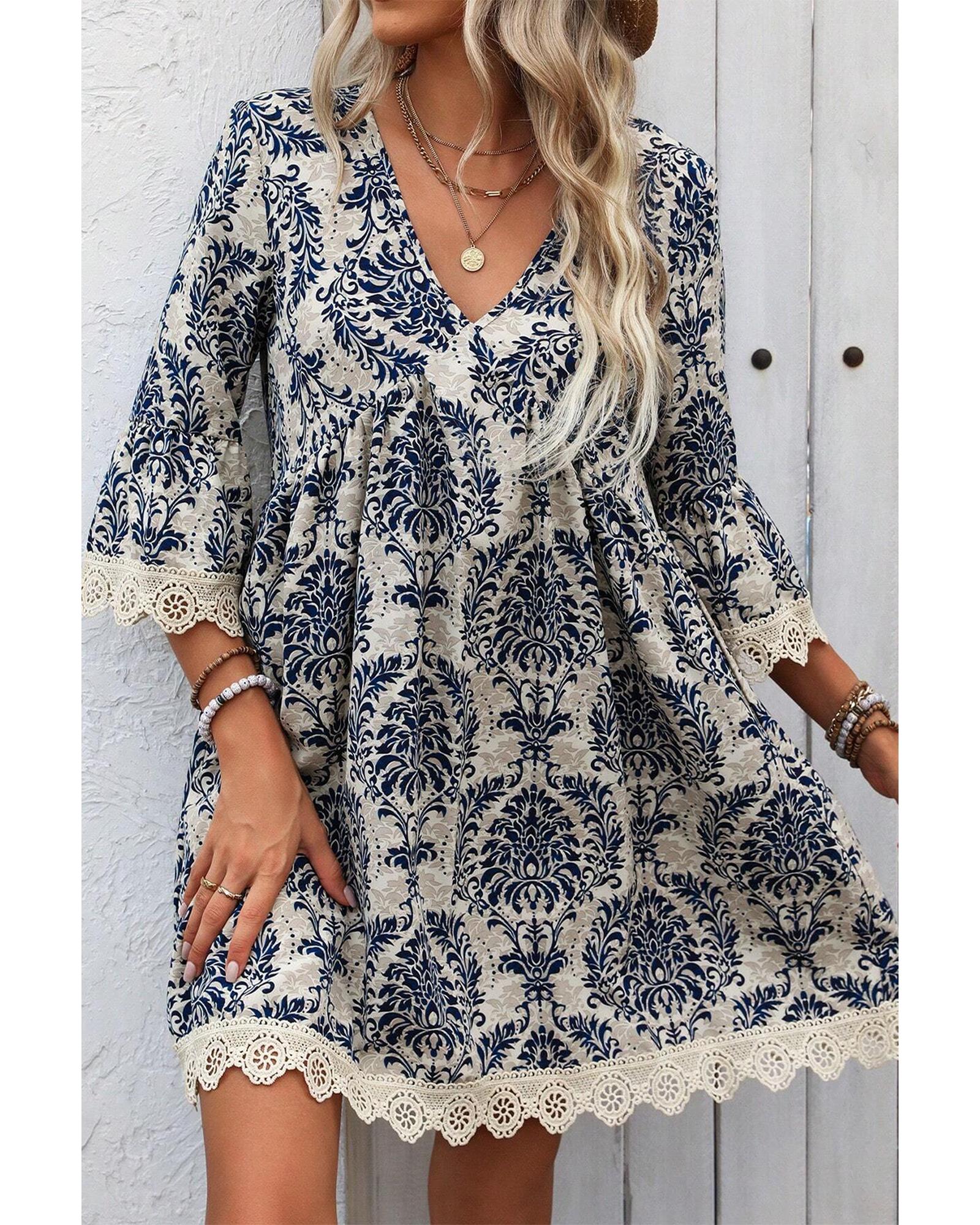 Sky Blue Vintage Printed Lace Trim V Neck 3/4 Sleeve Loose Dress - S 5