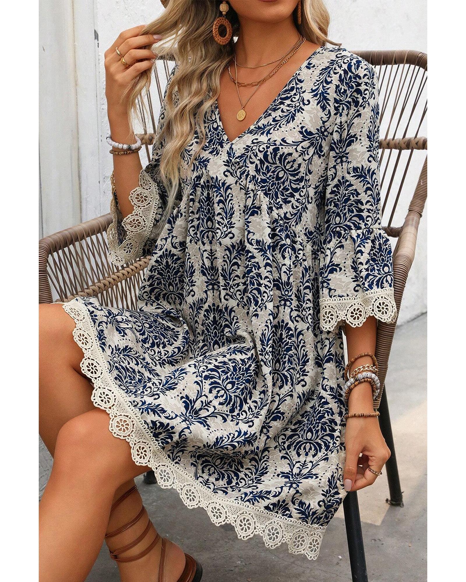 Sky Blue Vintage Printed Lace Trim V Neck 3/4 Sleeve Loose Dress - S 7