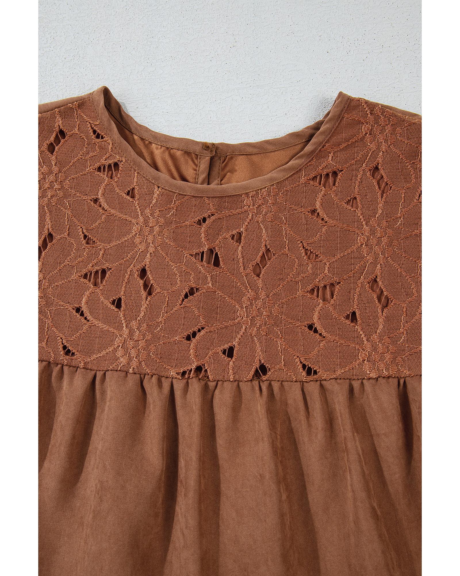 Chestnut Floral Lace Crochet Tiered Ruffled Mini Dress - L