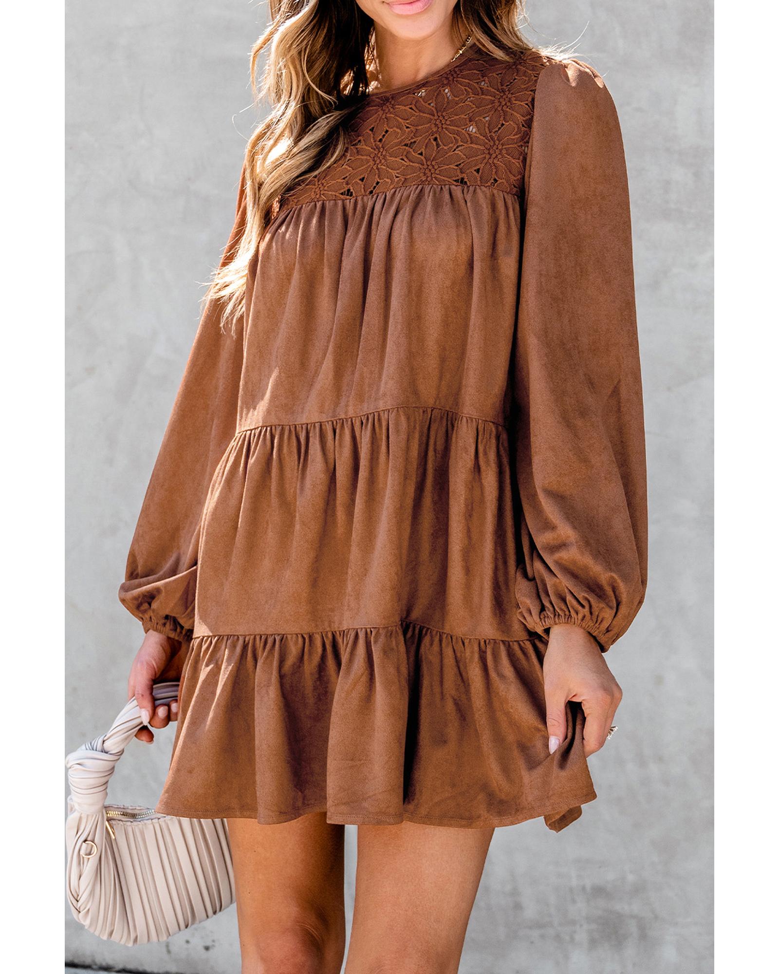 Chestnut Floral Lace Crochet Tiered Ruffled Mini Dress - M 5