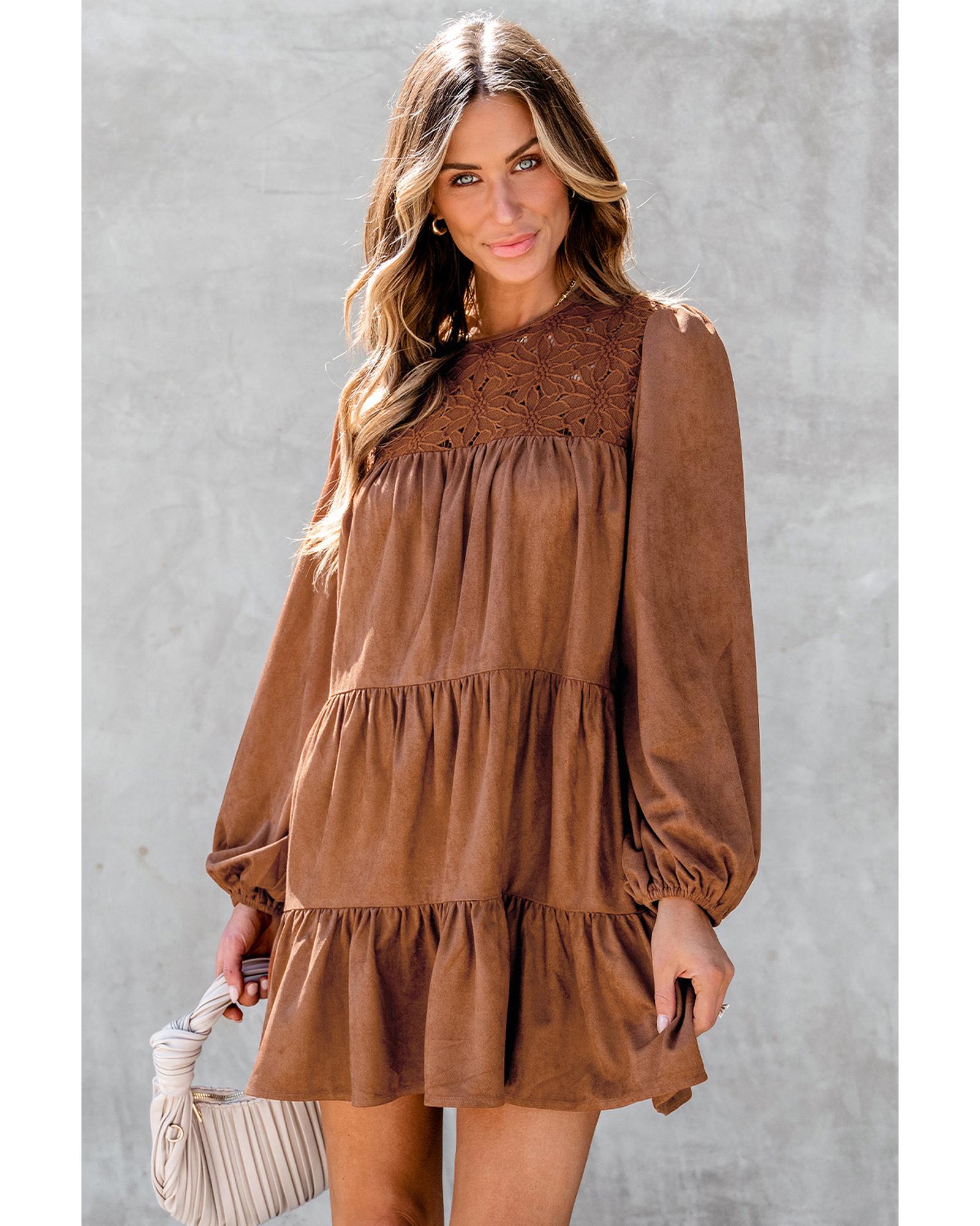 Chestnut Floral Lace Crochet Tiered Ruffled Mini Dress - M 7