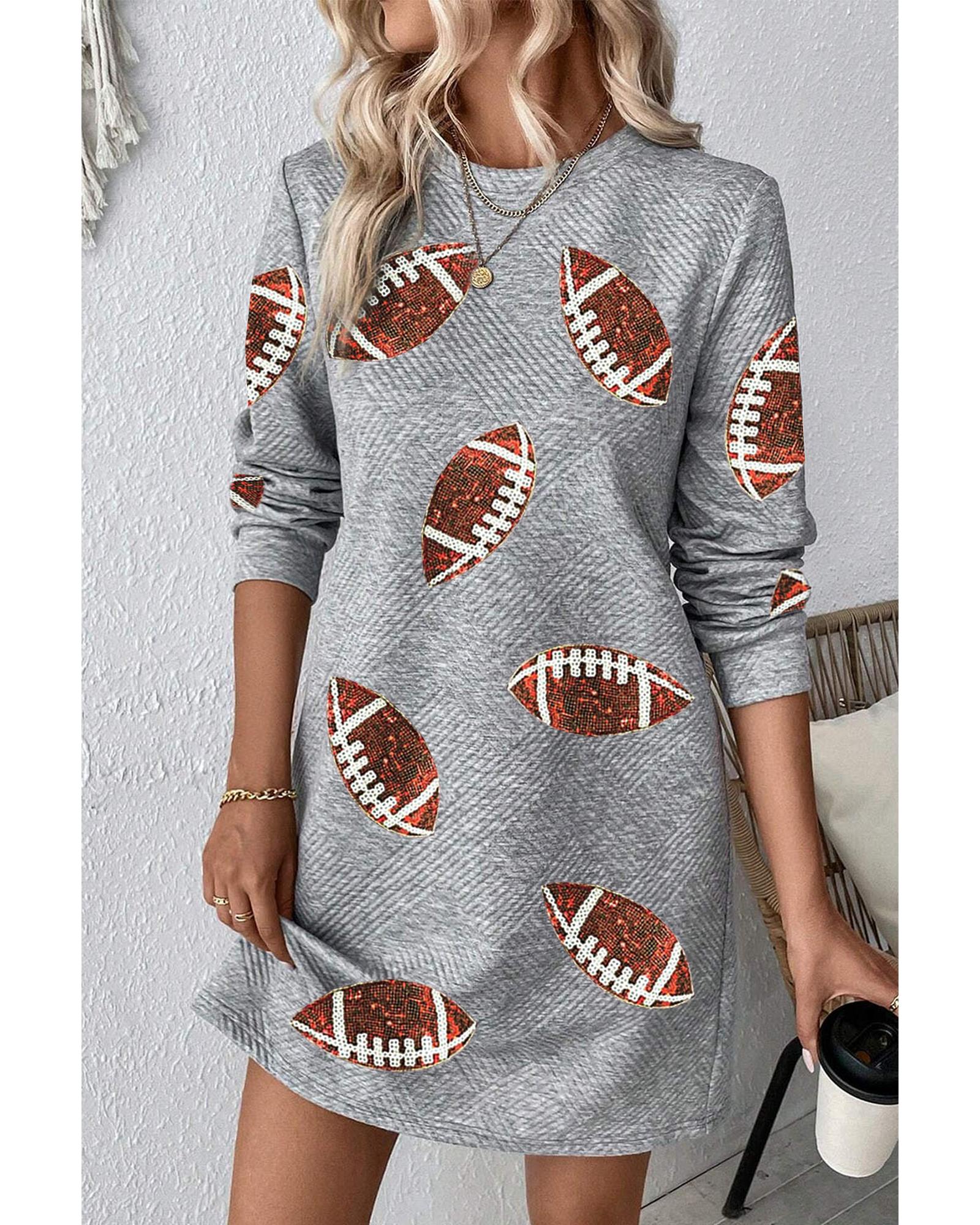 Gray Sequin Rugby Football Graphic Textured Long Sleeve Shift Mini Dress - L