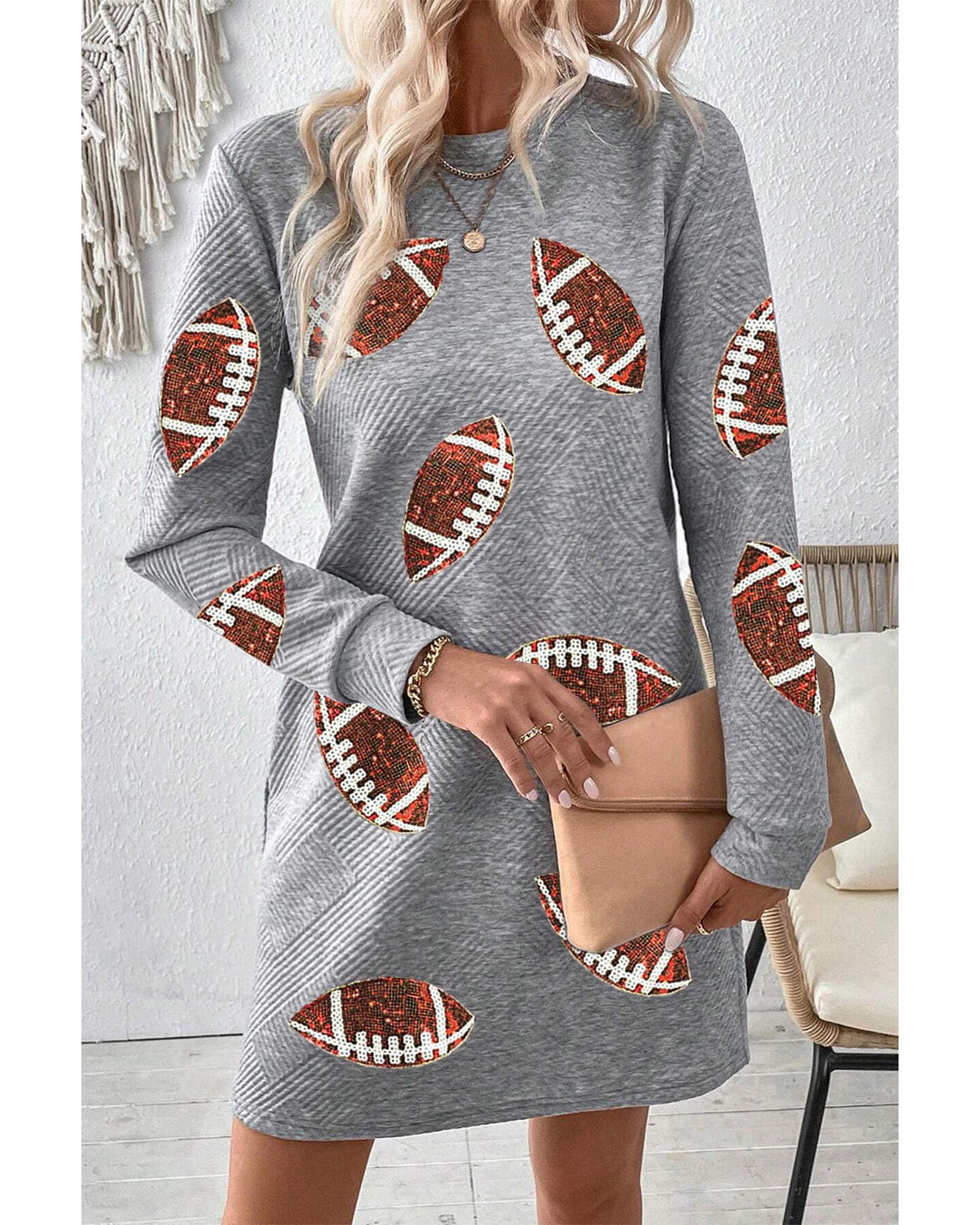 Gray Sequin Rugby Football Graphic Textured Long Sleeve Shift Mini Dress - L 3