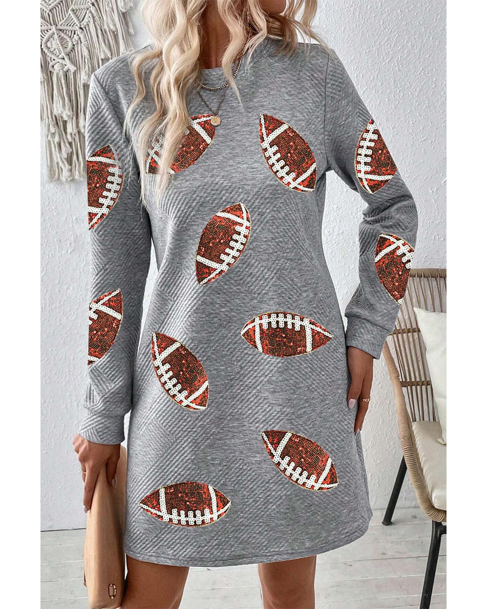 Gray Sequin Rugby Football Graphic Textured Long Sleeve Shift Mini Dress - L 4