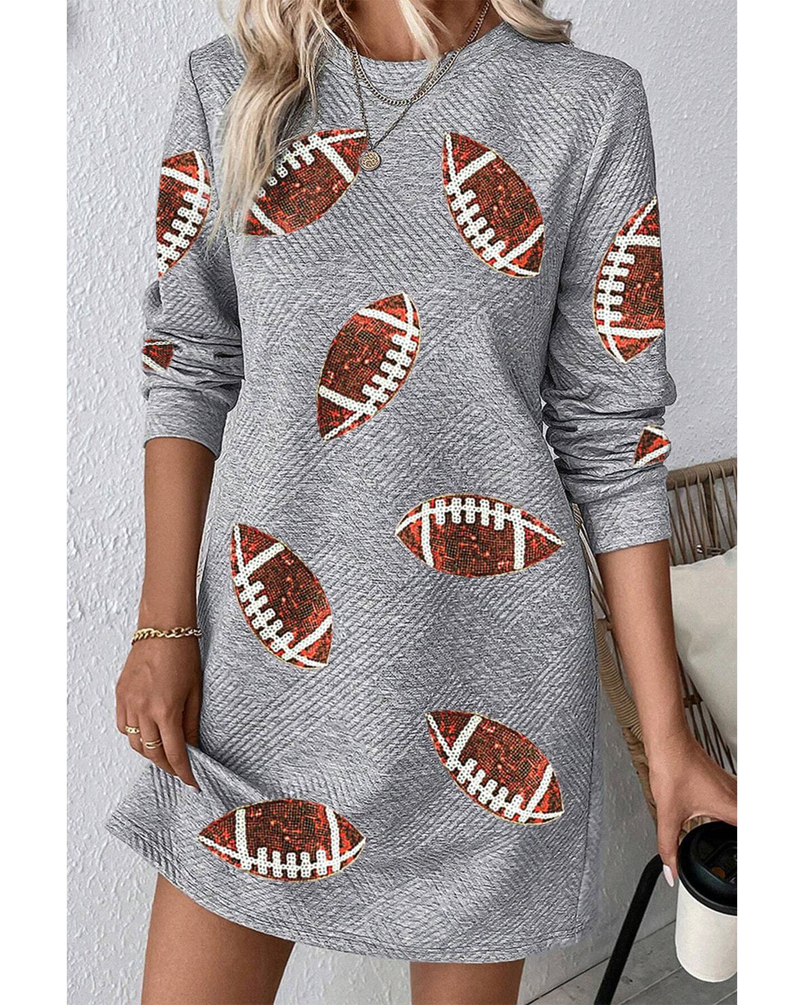 Gray Sequin Rugby Football Graphic Textured Long Sleeve Shift Mini Dress - XL 5