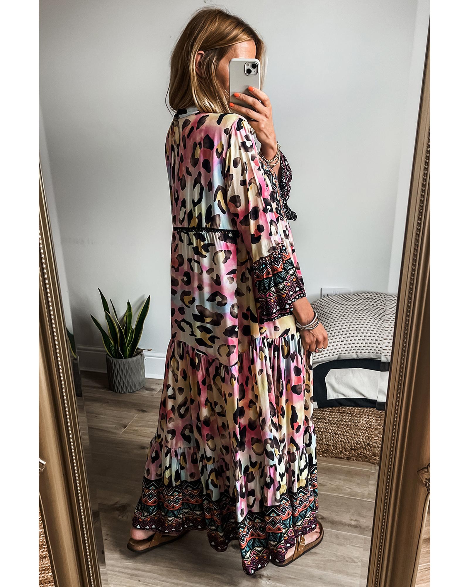Pink Western Leopard Printed 3/4 Sleeve Buttoned Front Tiered Maxi Dress - S 3