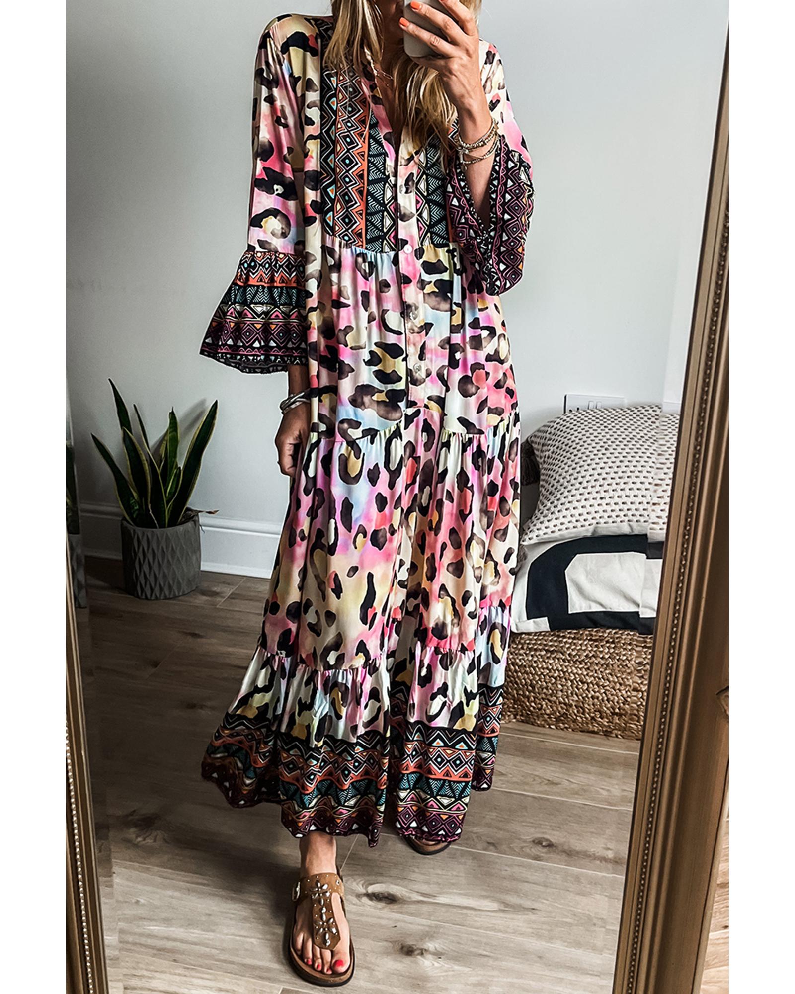 Pink Western Leopard Printed 3/4 Sleeve Buttoned Front Tiered Maxi Dress - S 4